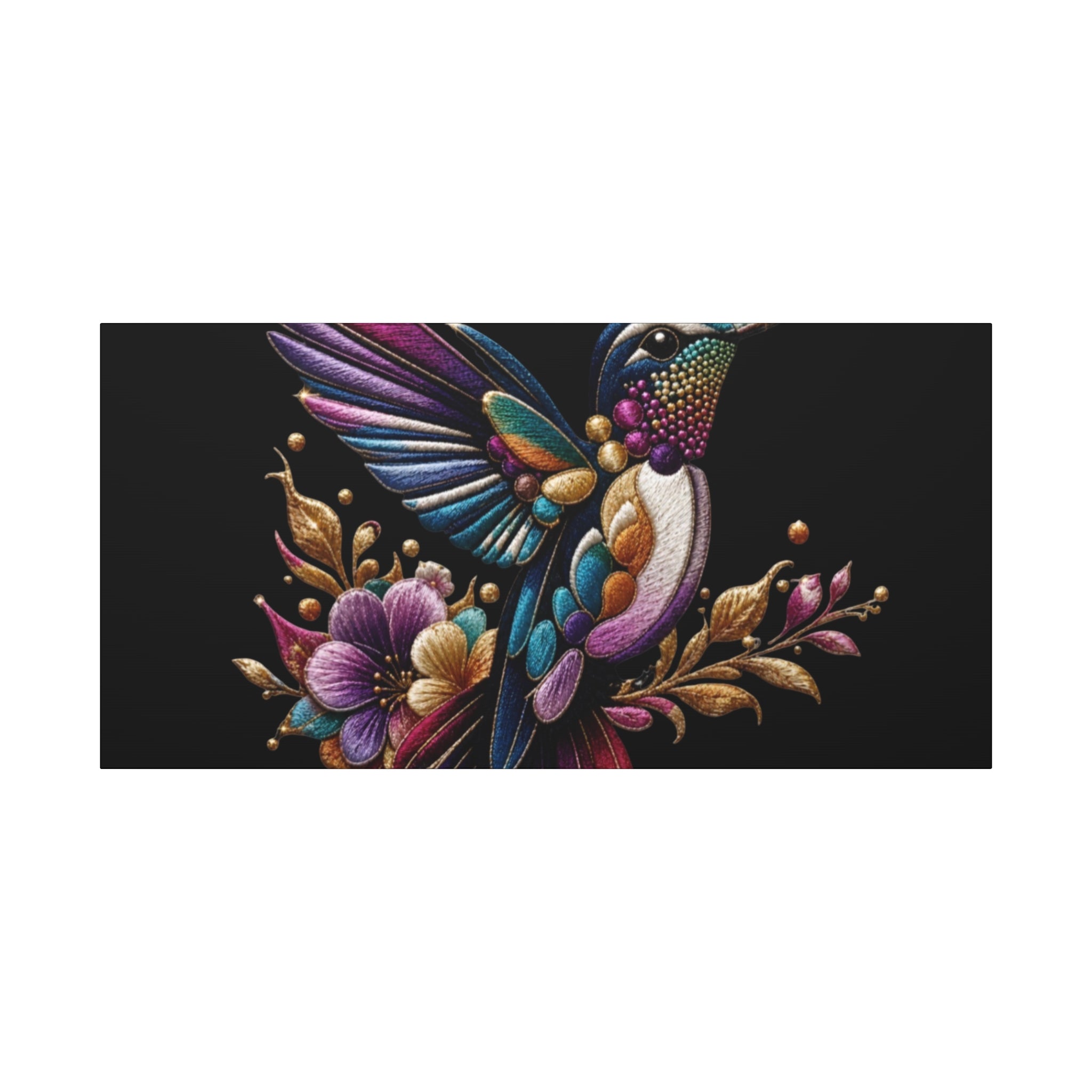 Colorful Hummingbird Floral Canvas Wall Art – Vibrant Bird Print on Black Matte