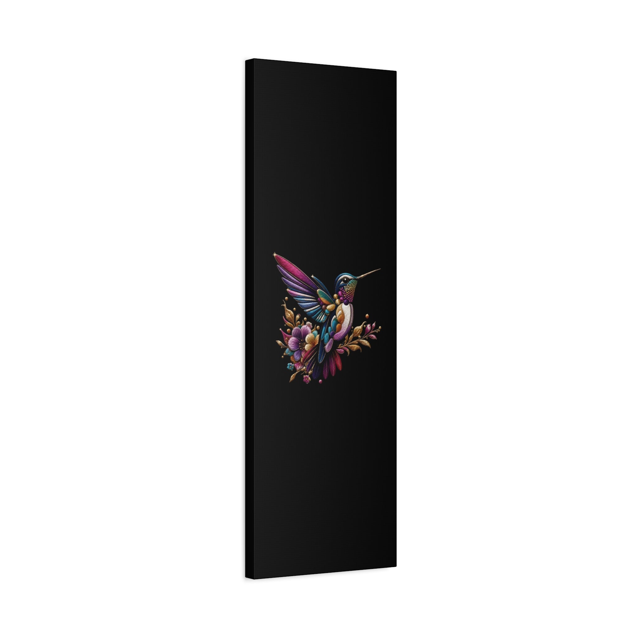 Colorful Hummingbird Floral Canvas Wall Art – Vibrant Bird Print on Black Matte