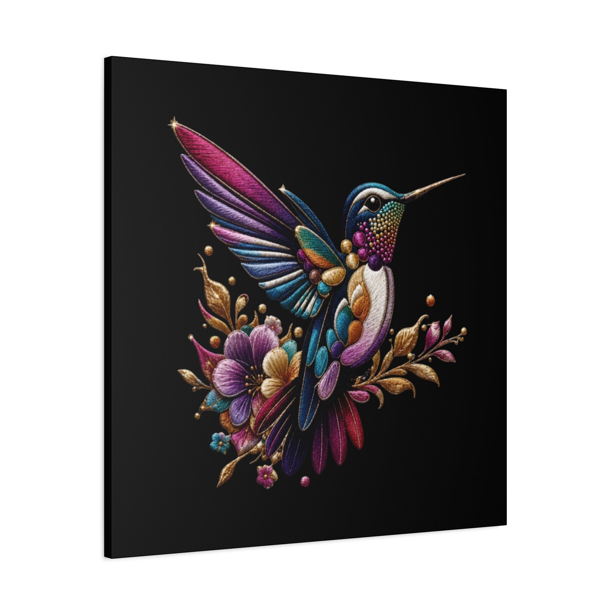 Colorful Hummingbird Floral Canvas Wall Art – Vibrant Bird Print on Black Matte