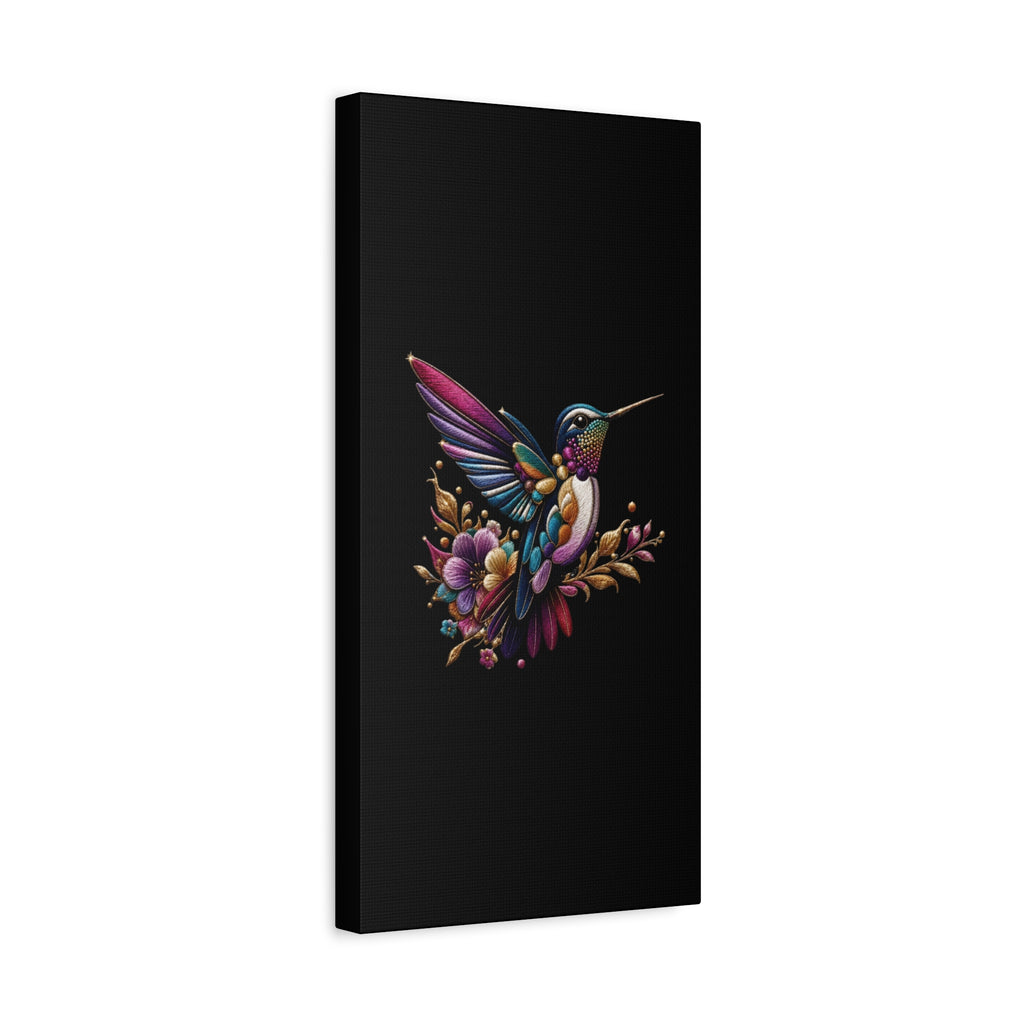 Colorful Hummingbird Floral Canvas Wall Art – Vibrant Bird Print on Black Matte