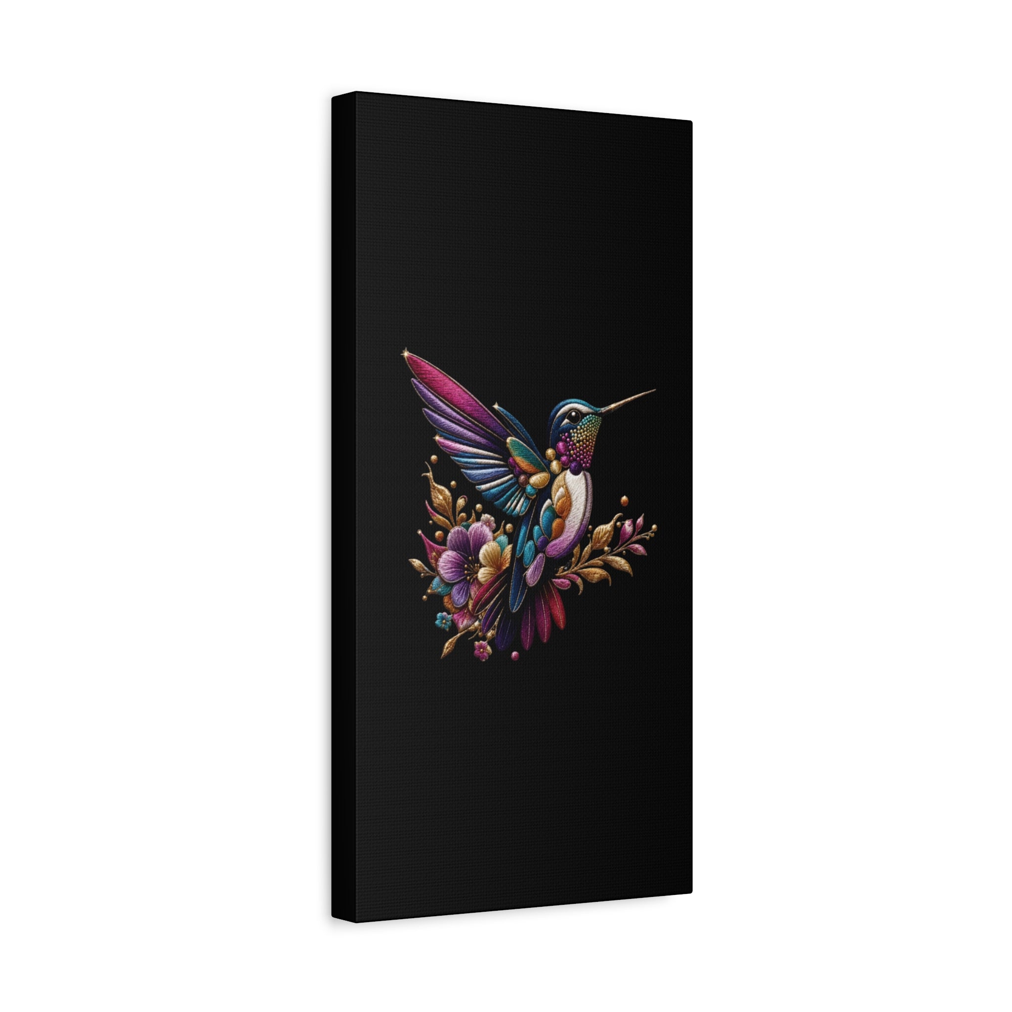 Colorful Hummingbird Floral Canvas Wall Art – Vibrant Bird Print on Black Matte