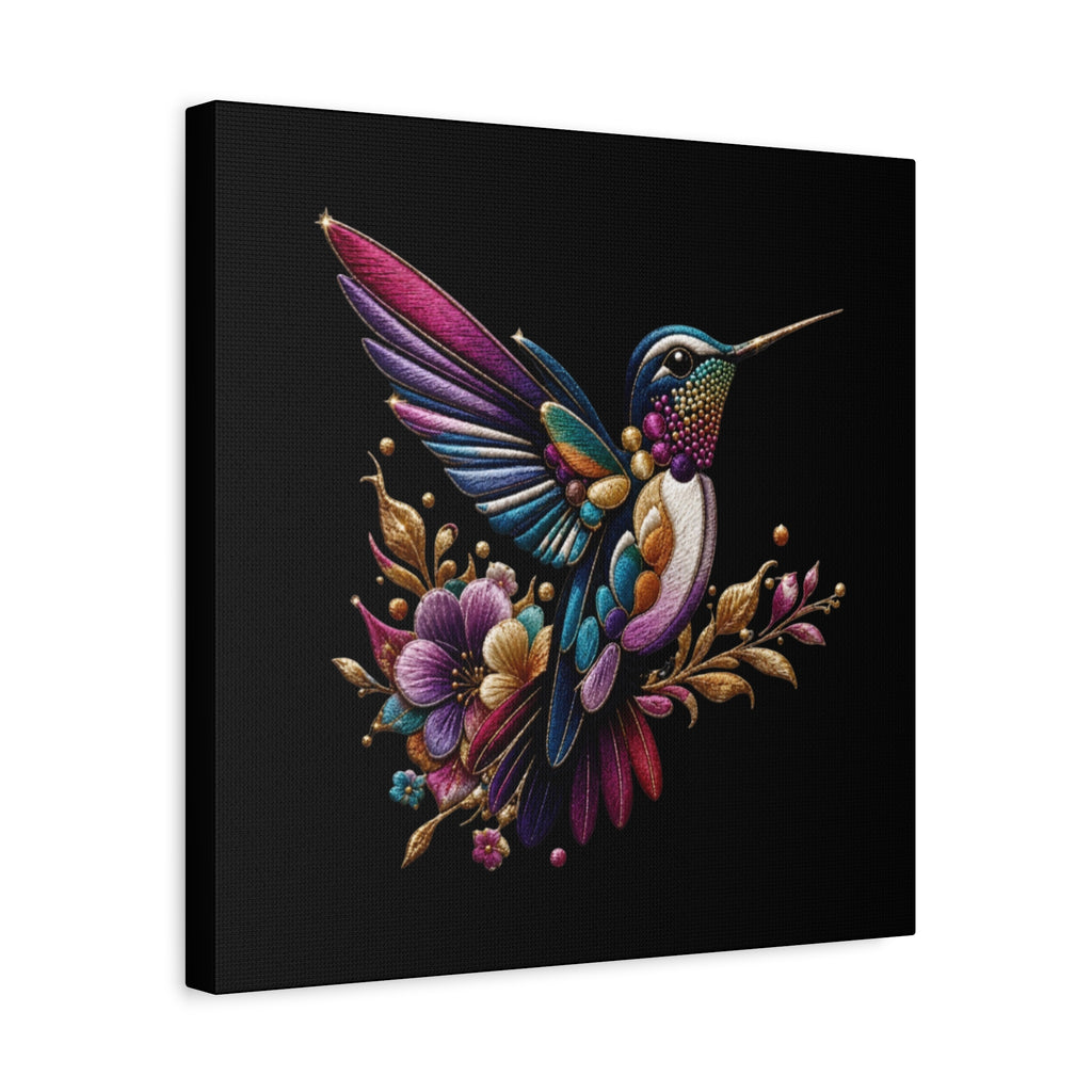 Colorful Hummingbird Floral Canvas Wall Art – Vibrant Bird Print on Black Matte
