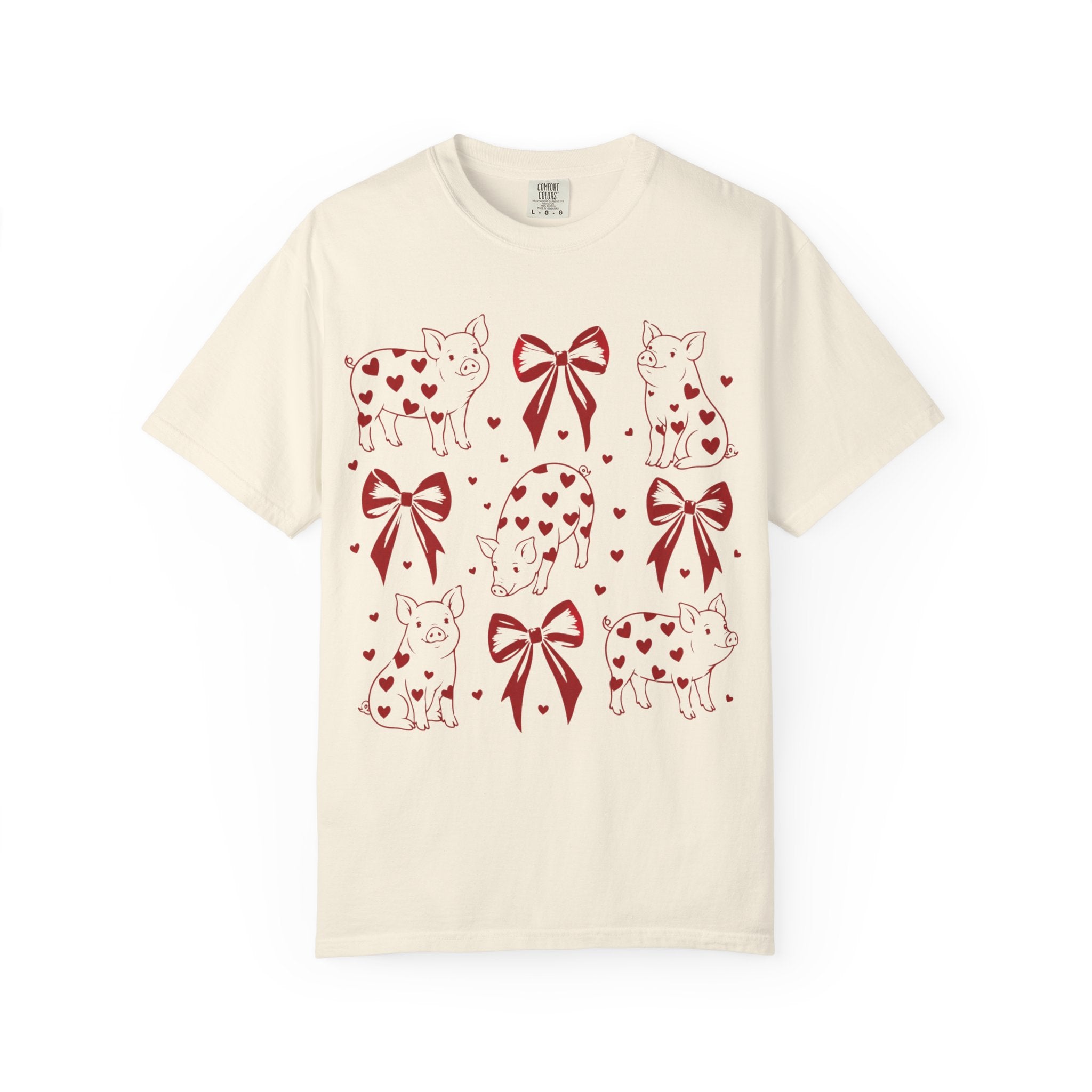 Valentine Piglet Pattern T-Shirt — Heart Bow Graphic Tee