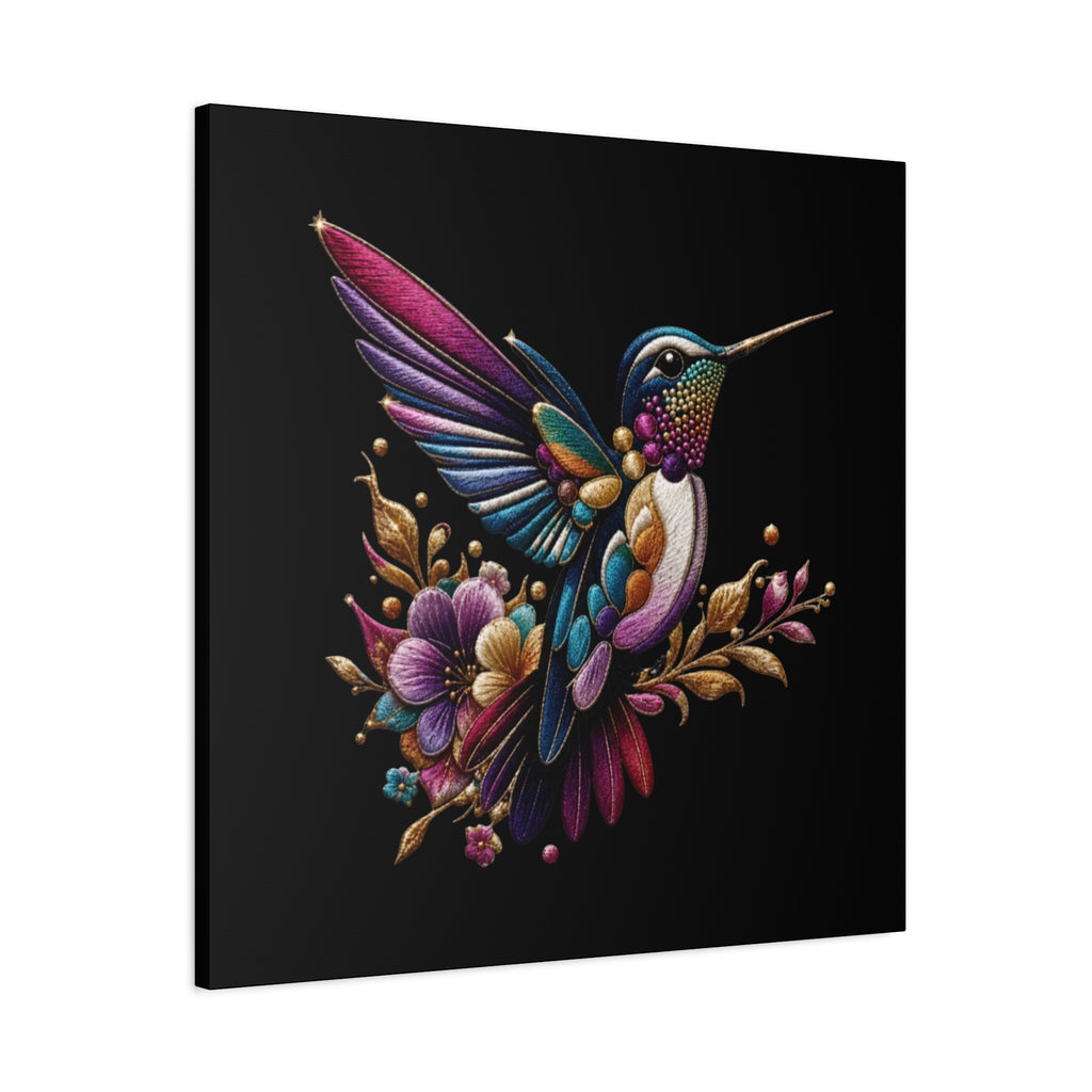 Colorful Hummingbird Floral Canvas Wall Art – Vibrant Bird Print on Black Matte