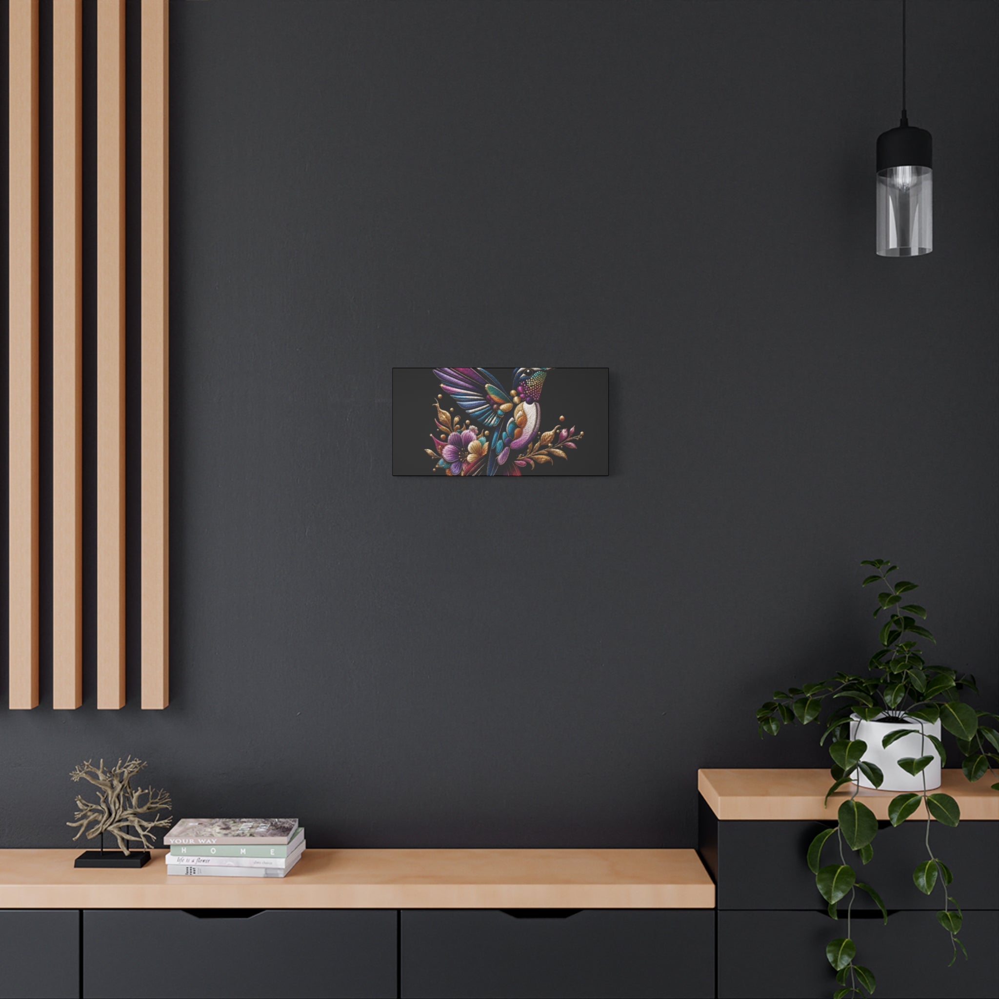 Colorful Hummingbird Floral Canvas Wall Art – Vibrant Bird Print on Black Matte