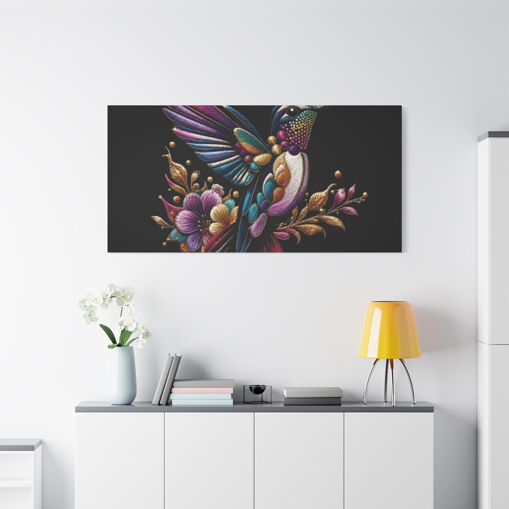 Colorful Hummingbird Floral Canvas Wall Art – Vibrant Bird Print on Black Matte
