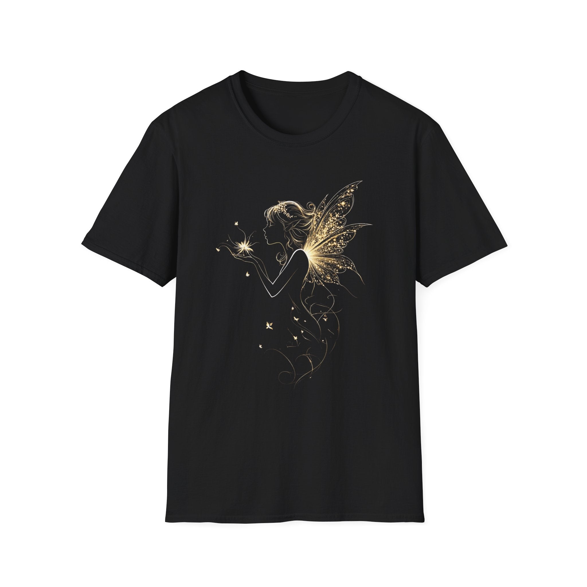 Fairy Silhouette T-Shirt — Gold Sparkle Fairy Wings Graphic Tee