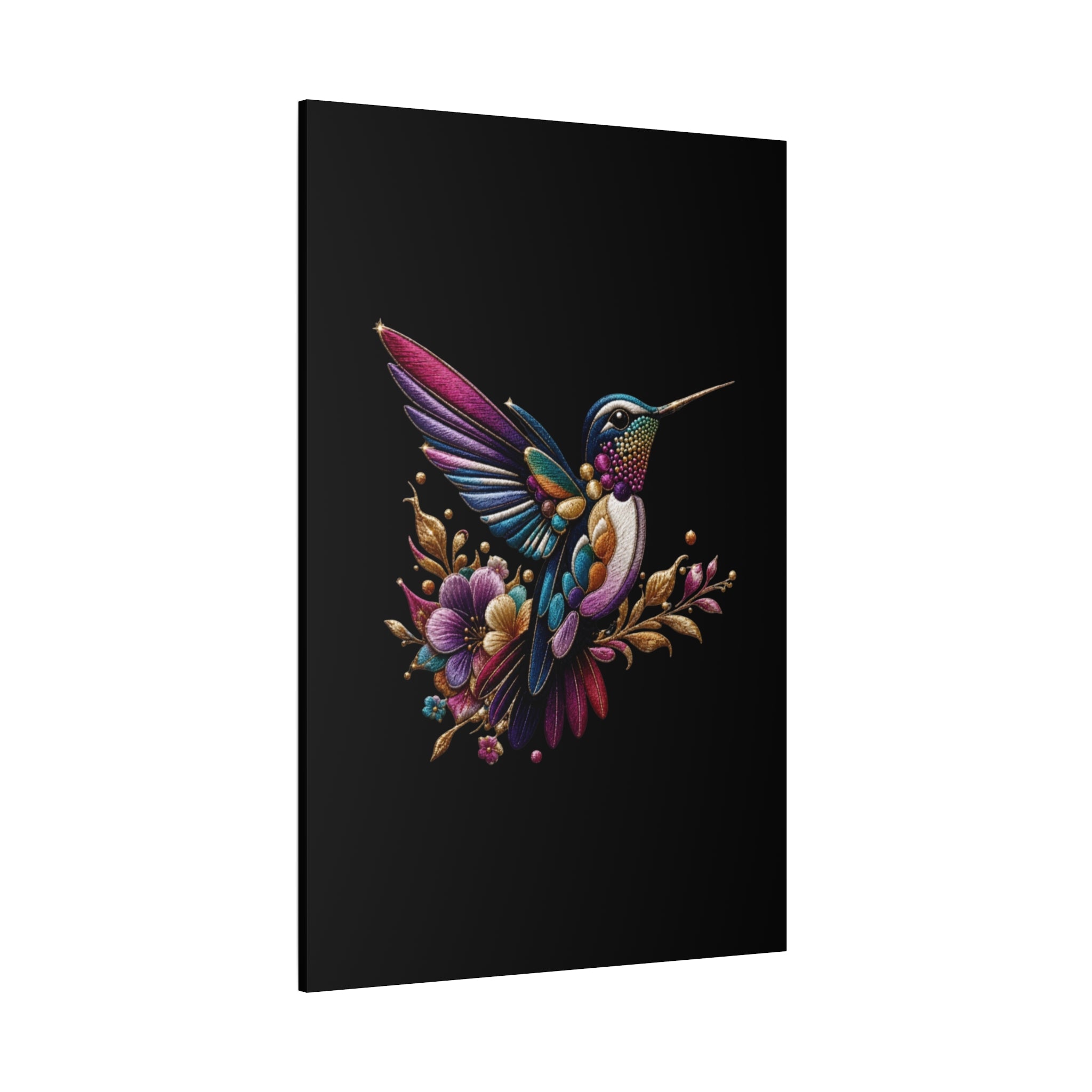 Colorful Hummingbird Floral Canvas Wall Art – Vibrant Bird Print on Black Matte