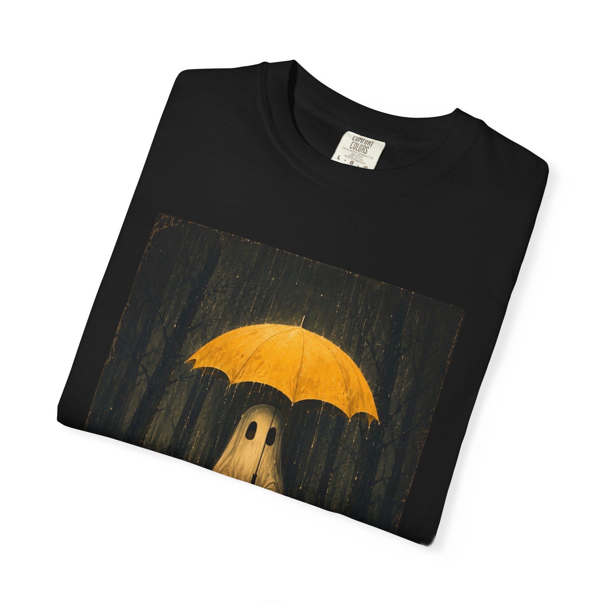 Ghost Under Yellow Umbrella T-Shirt — Whimsical Spooky Tee for Fall & Halloween