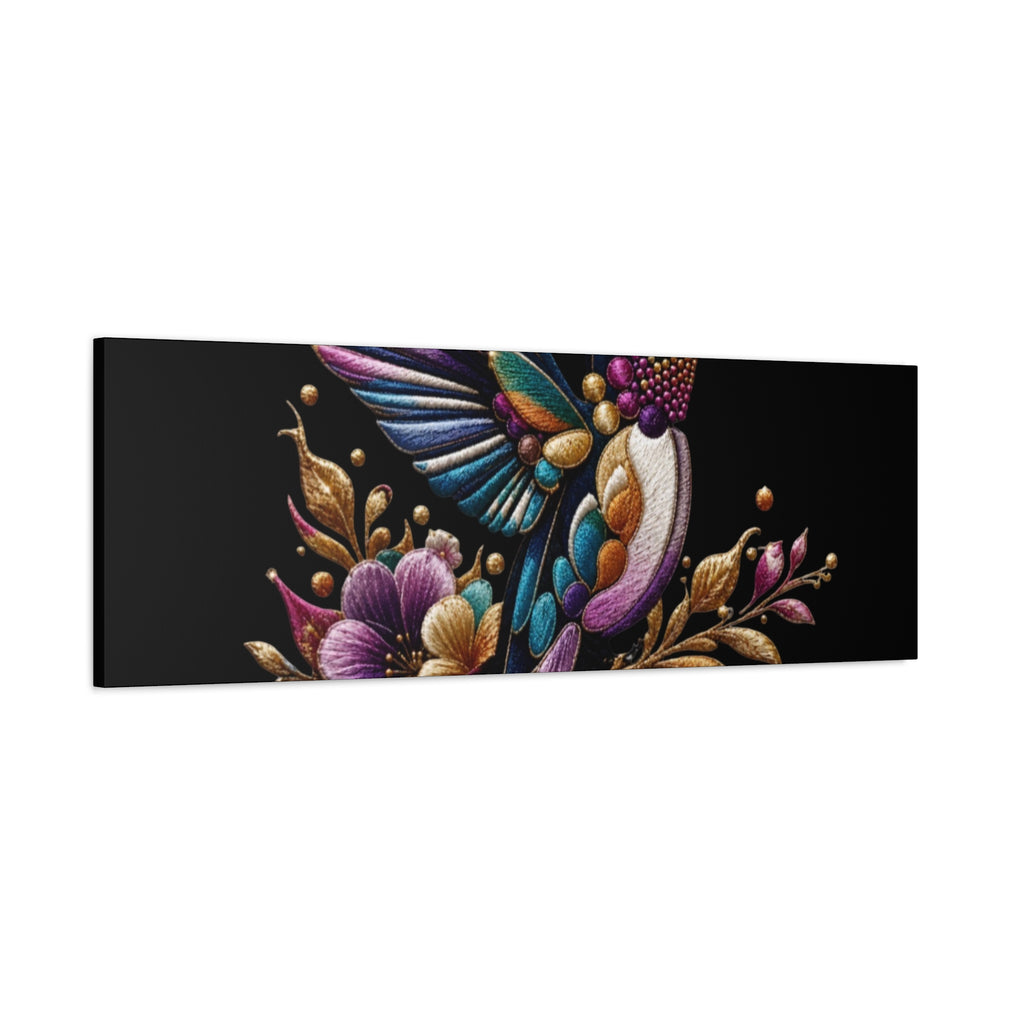 Colorful Hummingbird Floral Canvas Wall Art – Vibrant Bird Print on Black Matte