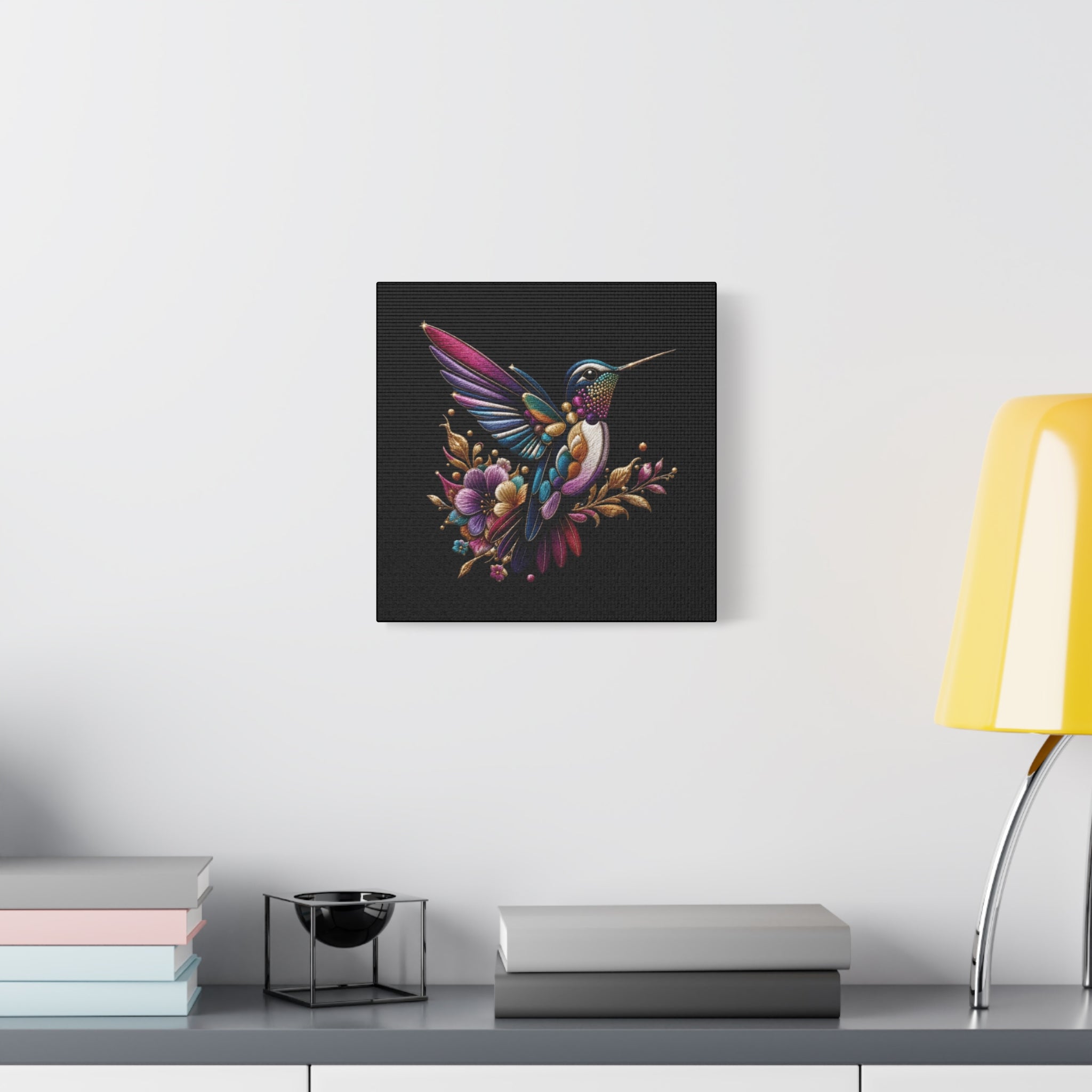 Colorful Hummingbird Floral Canvas Wall Art – Vibrant Bird Print on Black Matte