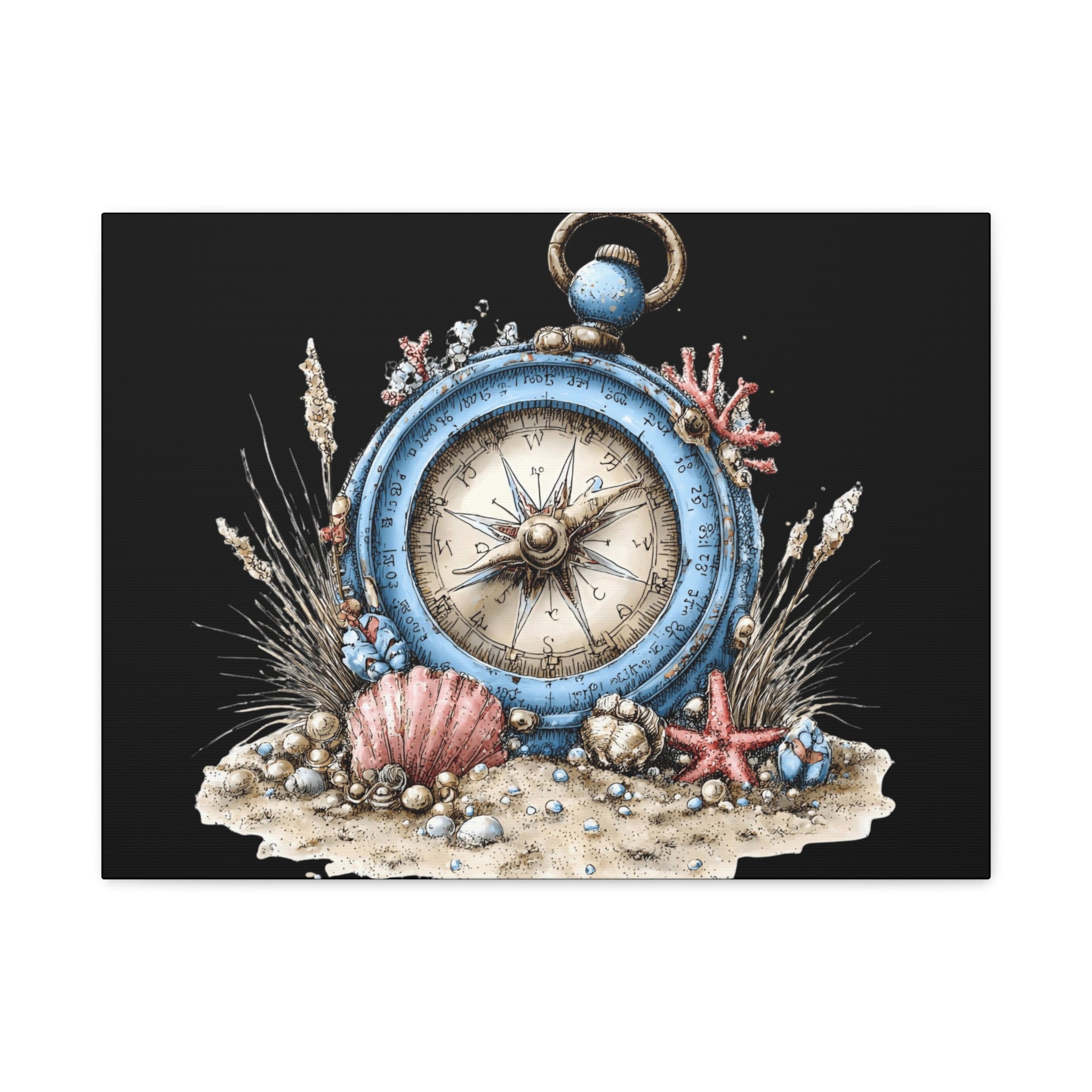 Nautical Compass Canvas Wall Art — Vintage Sea Shell Beach Decor