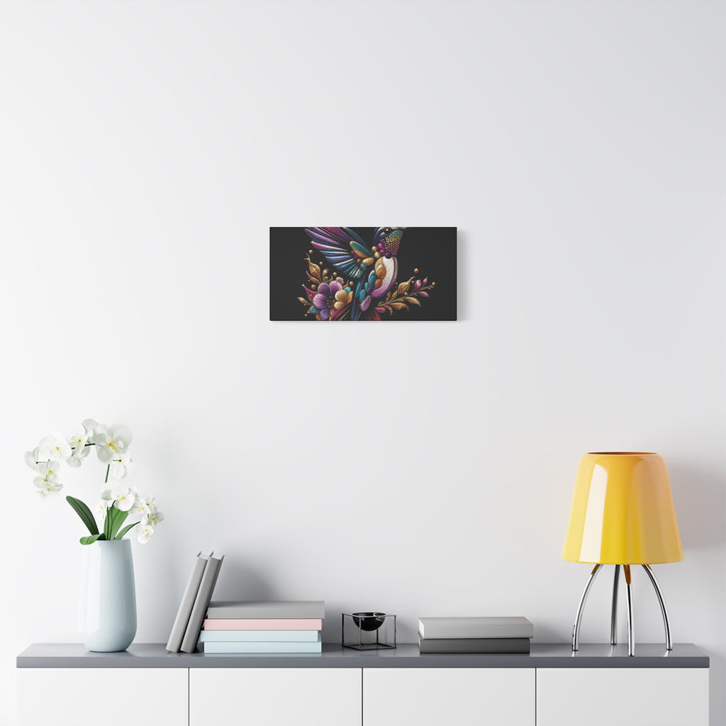 Colorful Hummingbird Floral Canvas Wall Art – Vibrant Bird Print on Black Matte