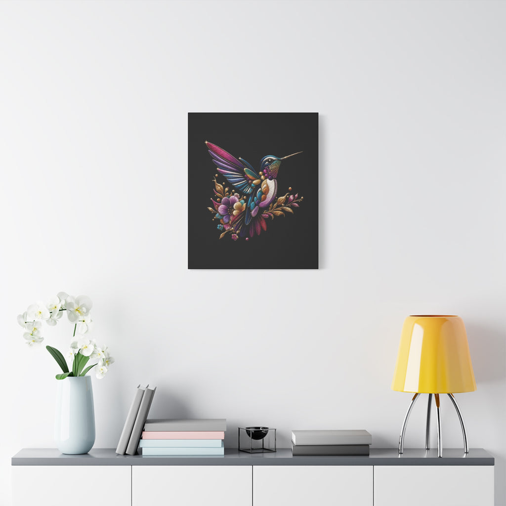 Colorful Hummingbird Floral Canvas Wall Art – Vibrant Bird Print on Black Matte