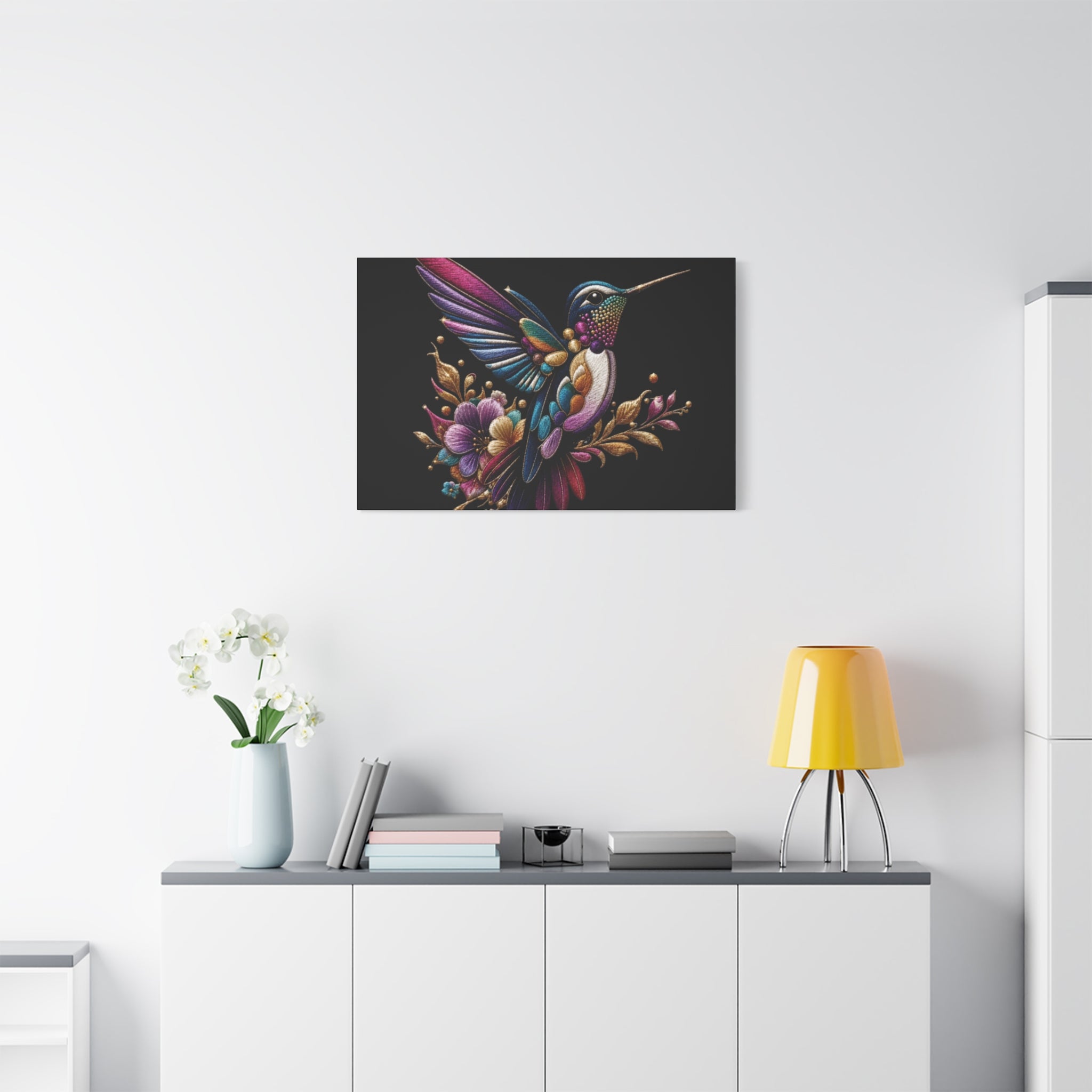 Colorful Hummingbird Floral Canvas Wall Art – Vibrant Bird Print on Black Matte
