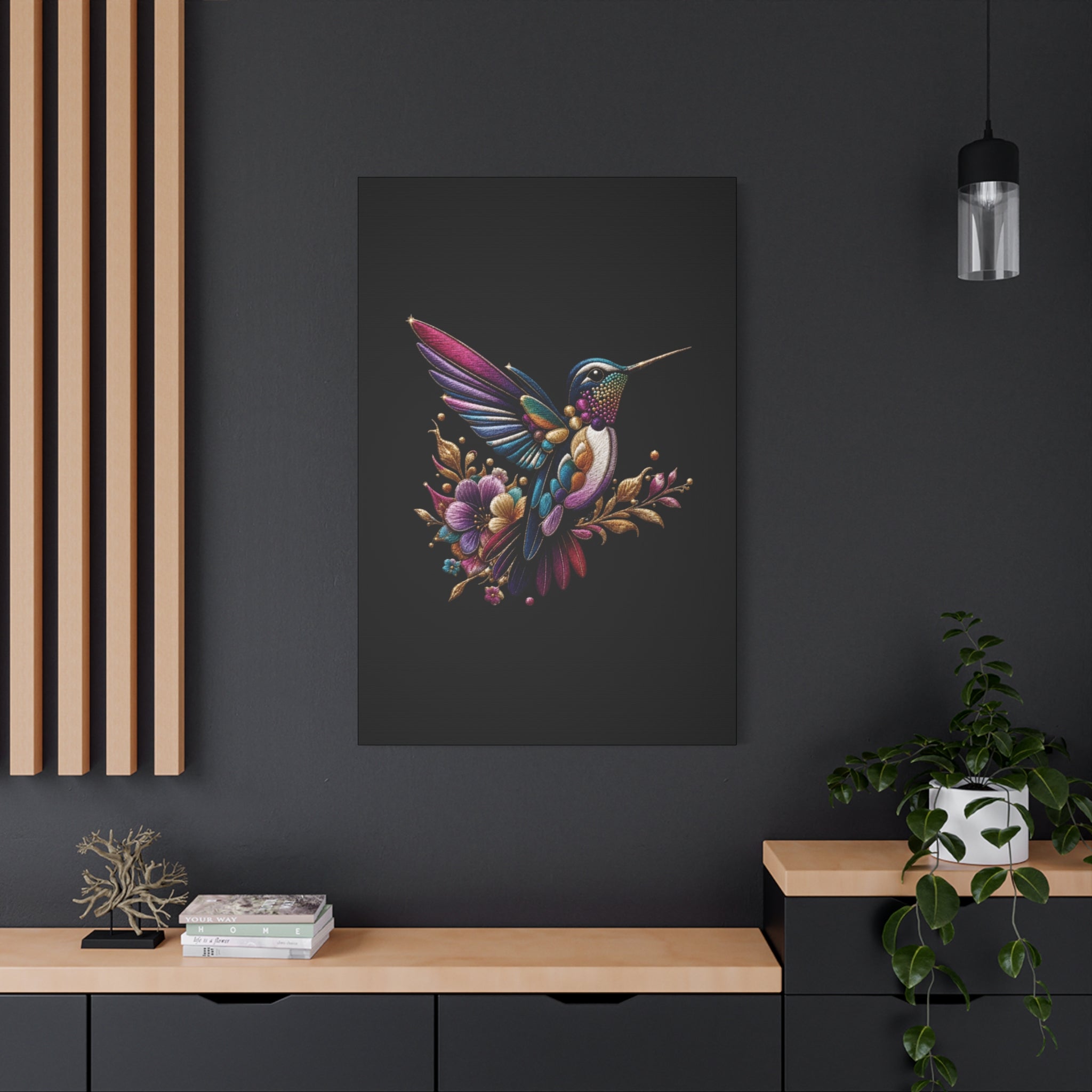 Colorful Hummingbird Floral Canvas Wall Art – Vibrant Bird Print on Black Matte