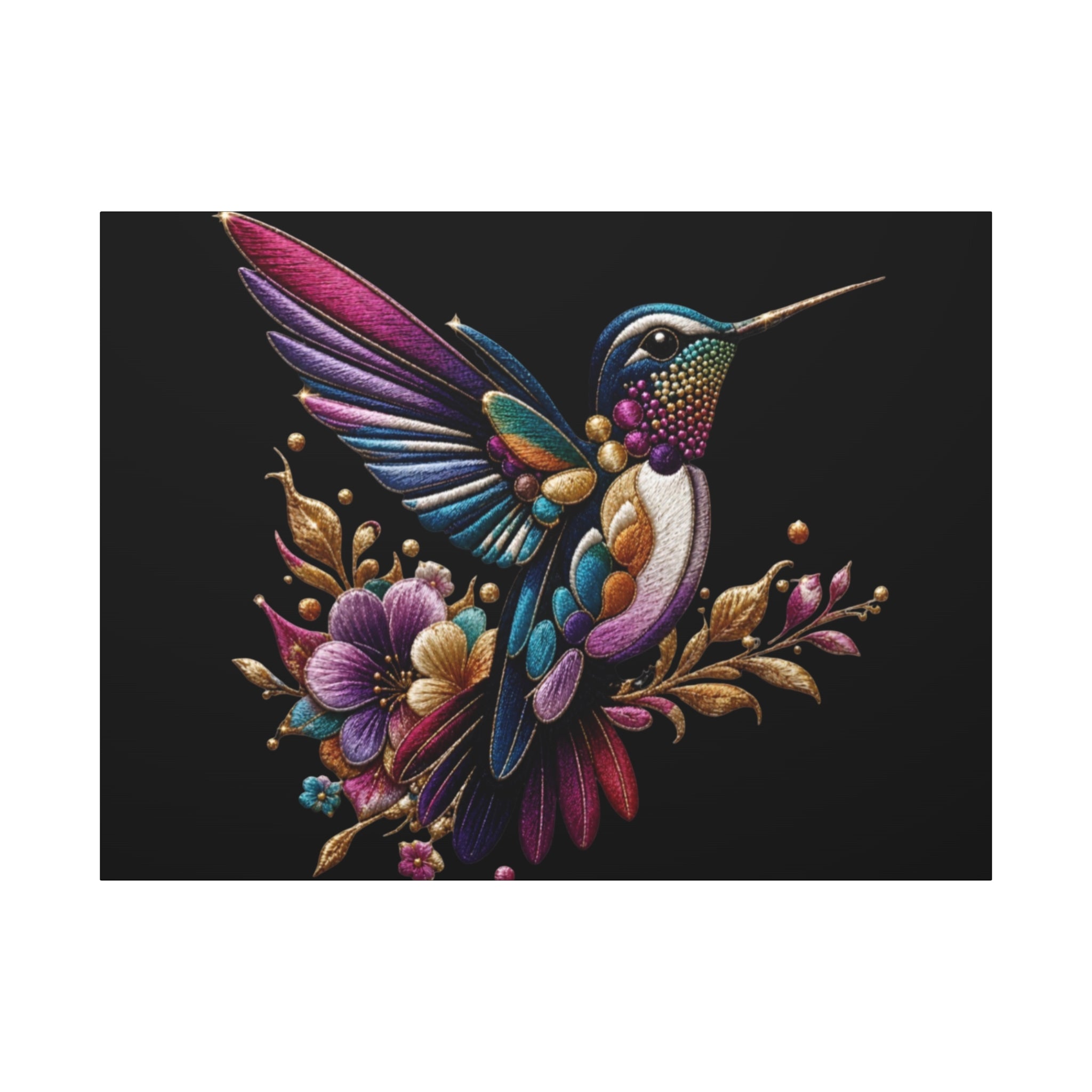 Colorful Hummingbird Floral Canvas Wall Art – Vibrant Bird Print on Black Matte