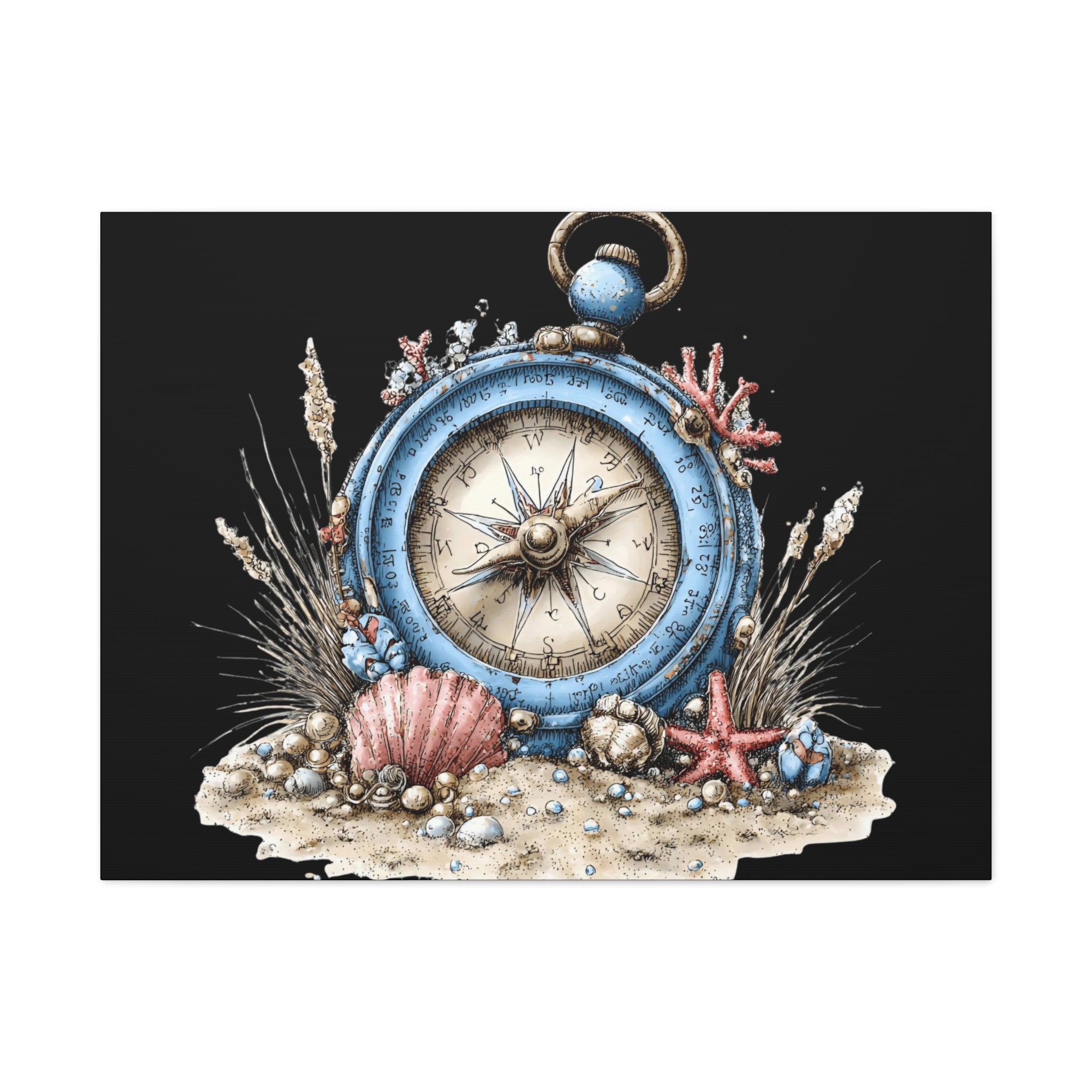 Nautical Compass Canvas Wall Art — Vintage Sea Shell Beach Decor