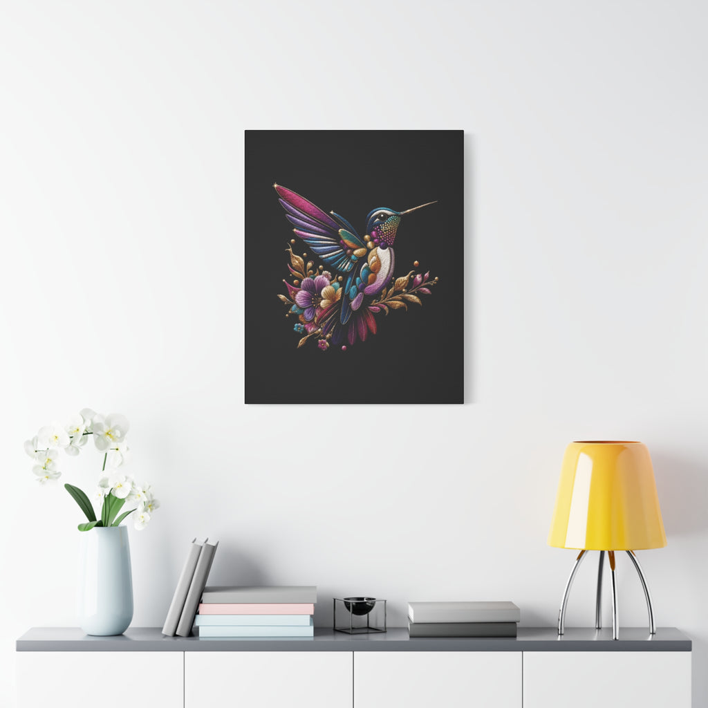 Colorful Hummingbird Floral Canvas Wall Art – Vibrant Bird Print on Black Matte