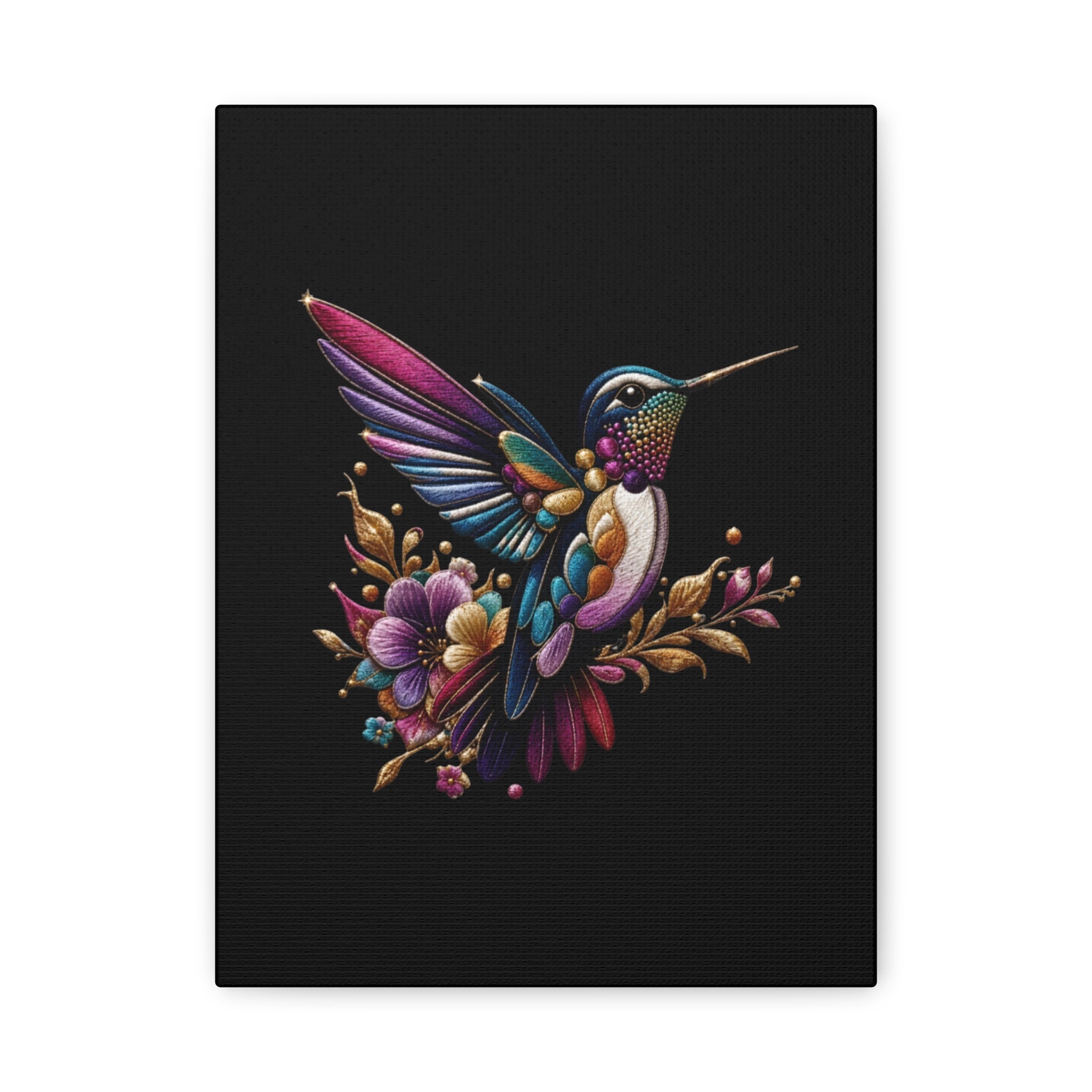 Colorful Hummingbird Floral Canvas Wall Art – Vibrant Bird Print on Black Matte