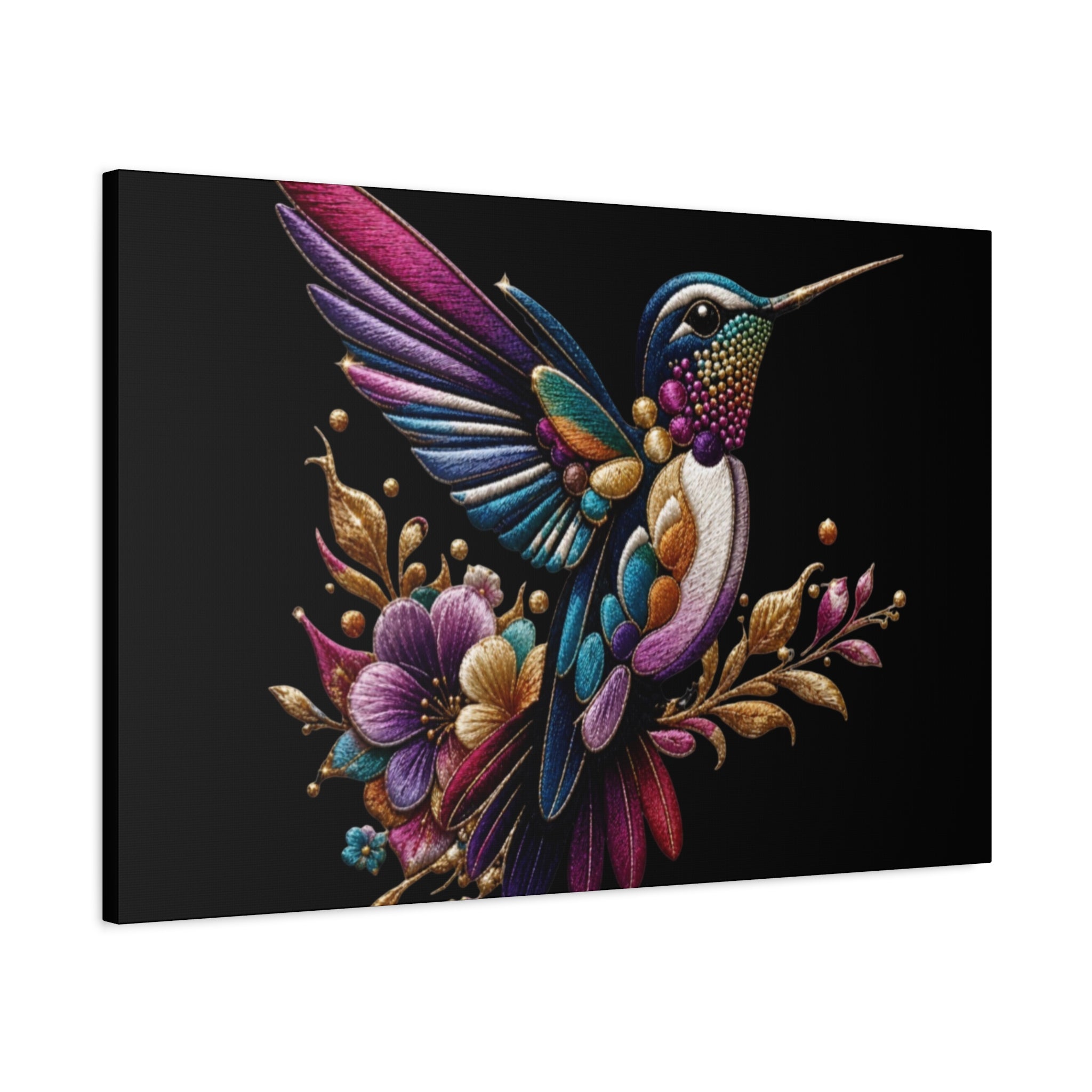 Colorful Hummingbird Floral Canvas Wall Art – Vibrant Bird Print on Black Matte