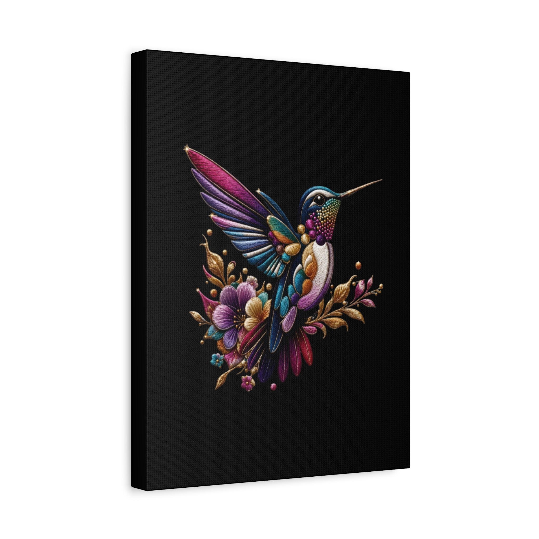 Colorful Hummingbird Floral Canvas Wall Art – Vibrant Bird Print on Black Matte