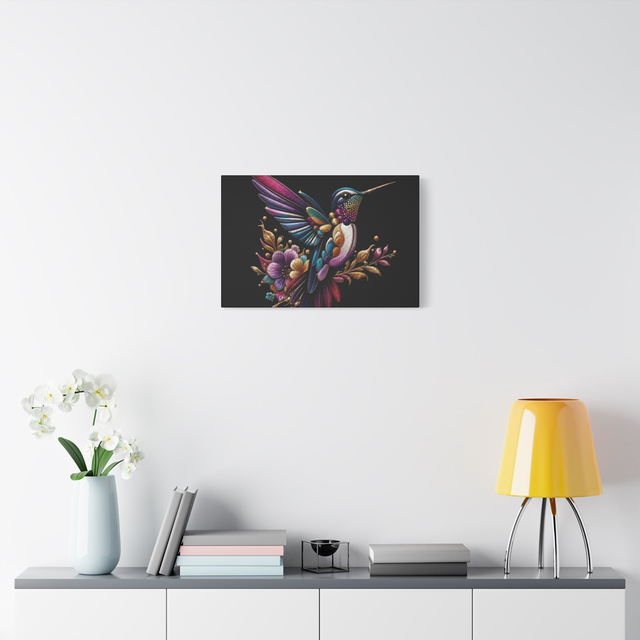 Colorful Hummingbird Floral Canvas Wall Art – Vibrant Bird Print on Black Matte