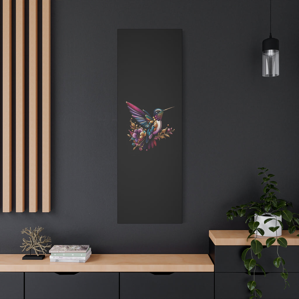 Colorful Hummingbird Floral Canvas Wall Art – Vibrant Bird Print on Black Matte