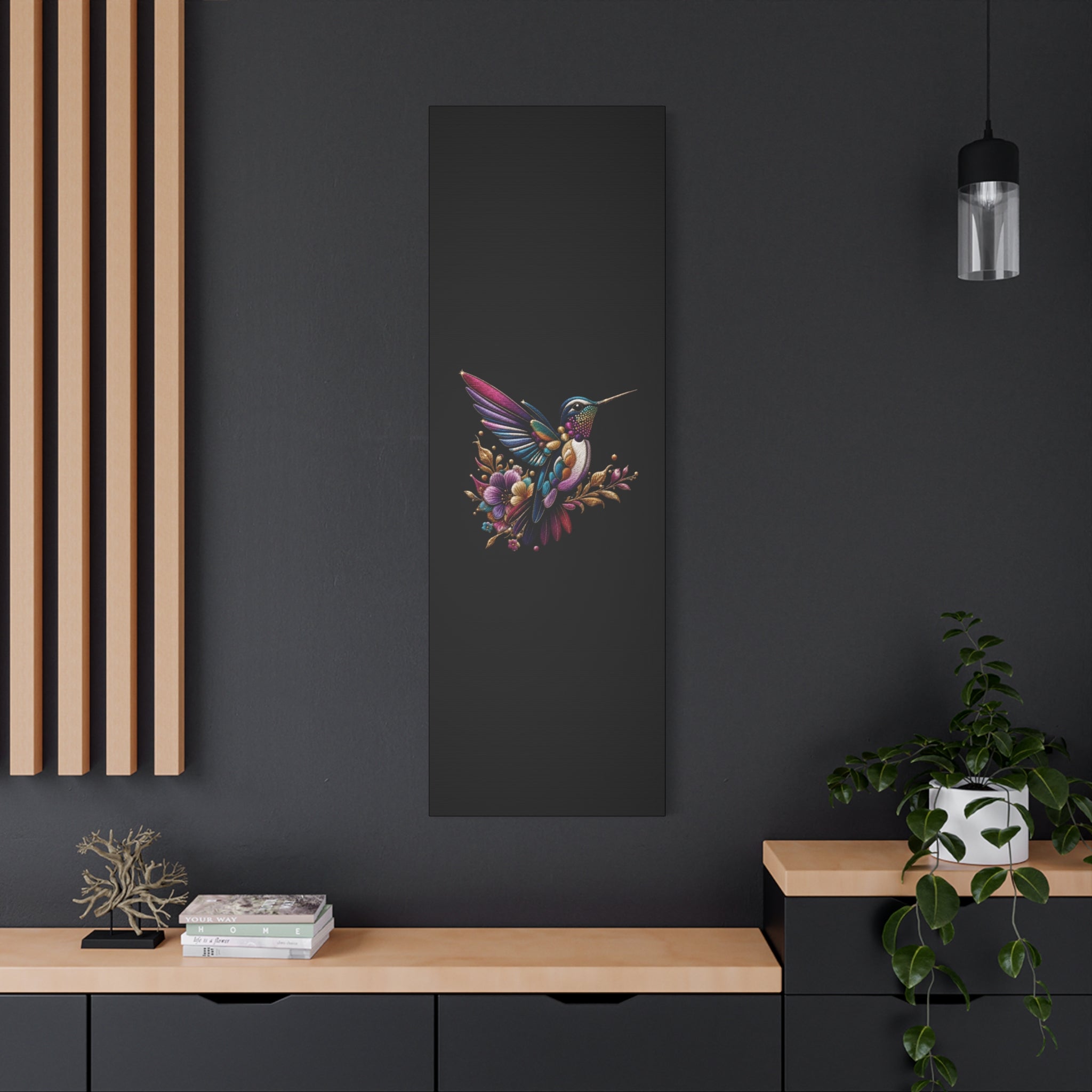 Colorful Hummingbird Floral Canvas Wall Art – Vibrant Bird Print on Black Matte