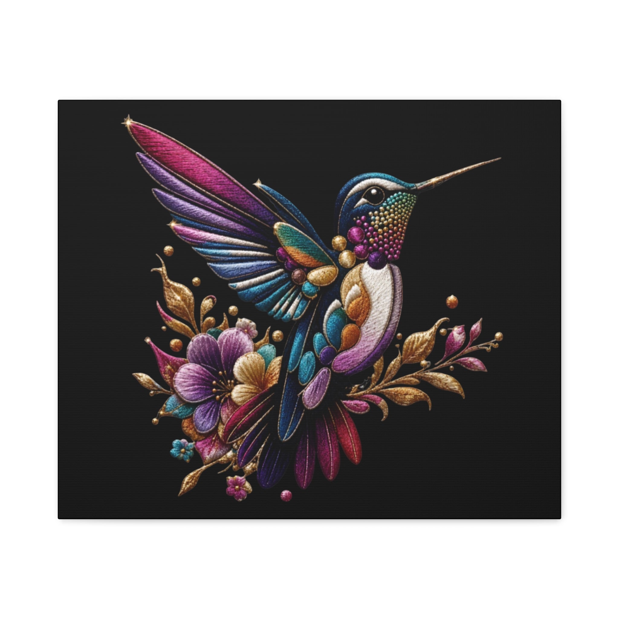Colorful Hummingbird Floral Canvas Wall Art – Vibrant Bird Print on Black Matte