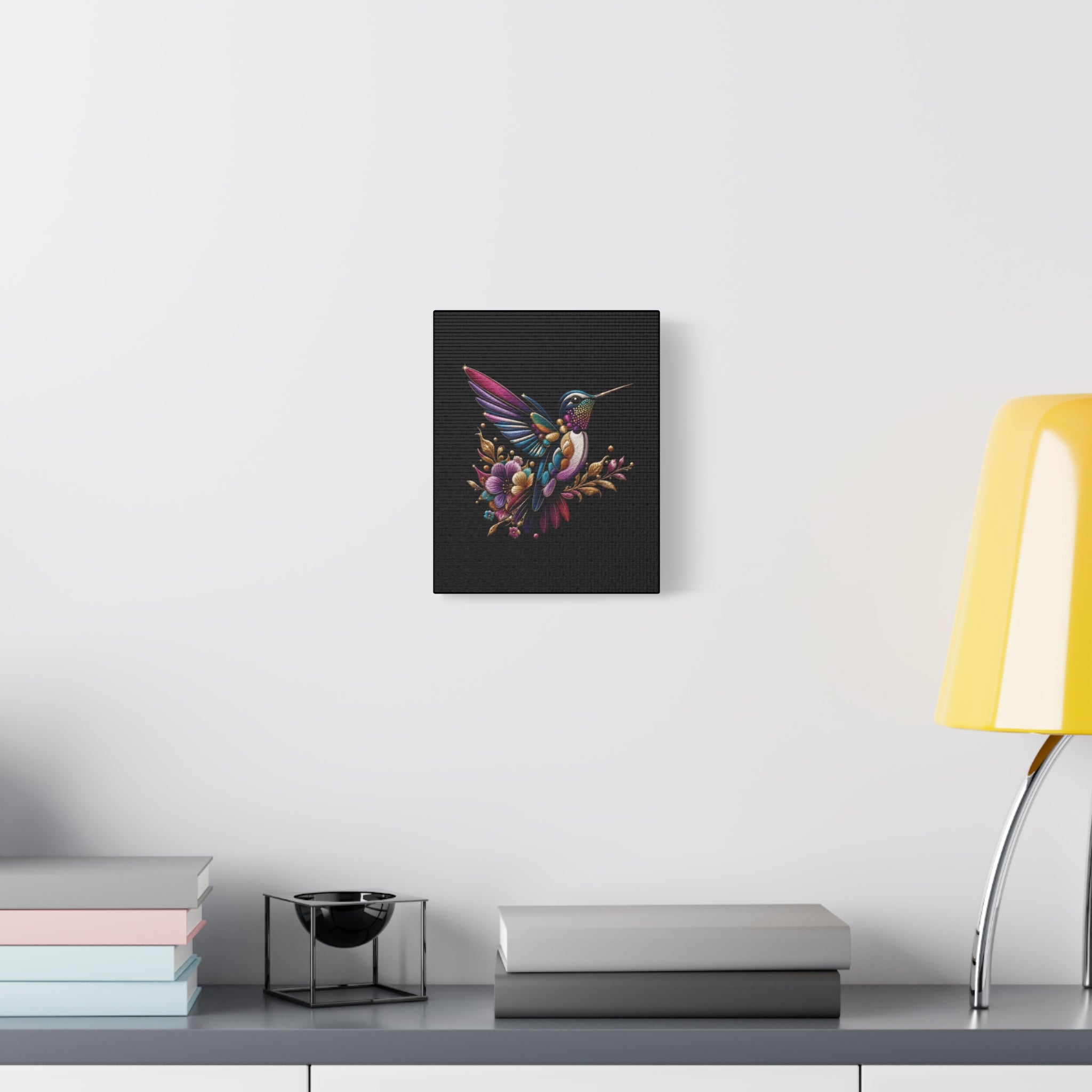 Colorful Hummingbird Floral Canvas Wall Art – Vibrant Bird Print on Black Matte