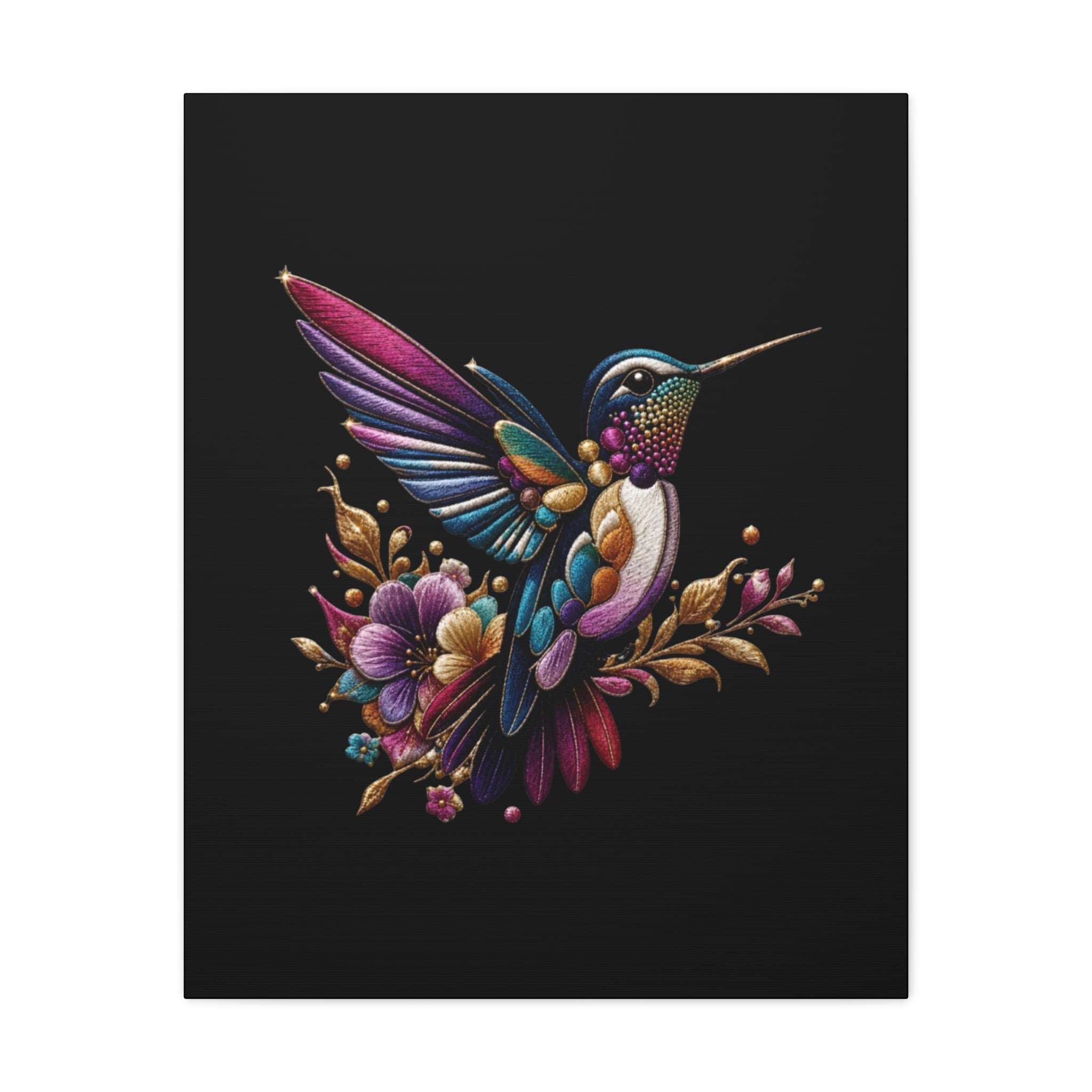 Colorful Hummingbird Floral Canvas Wall Art – Vibrant Bird Print on Black Matte