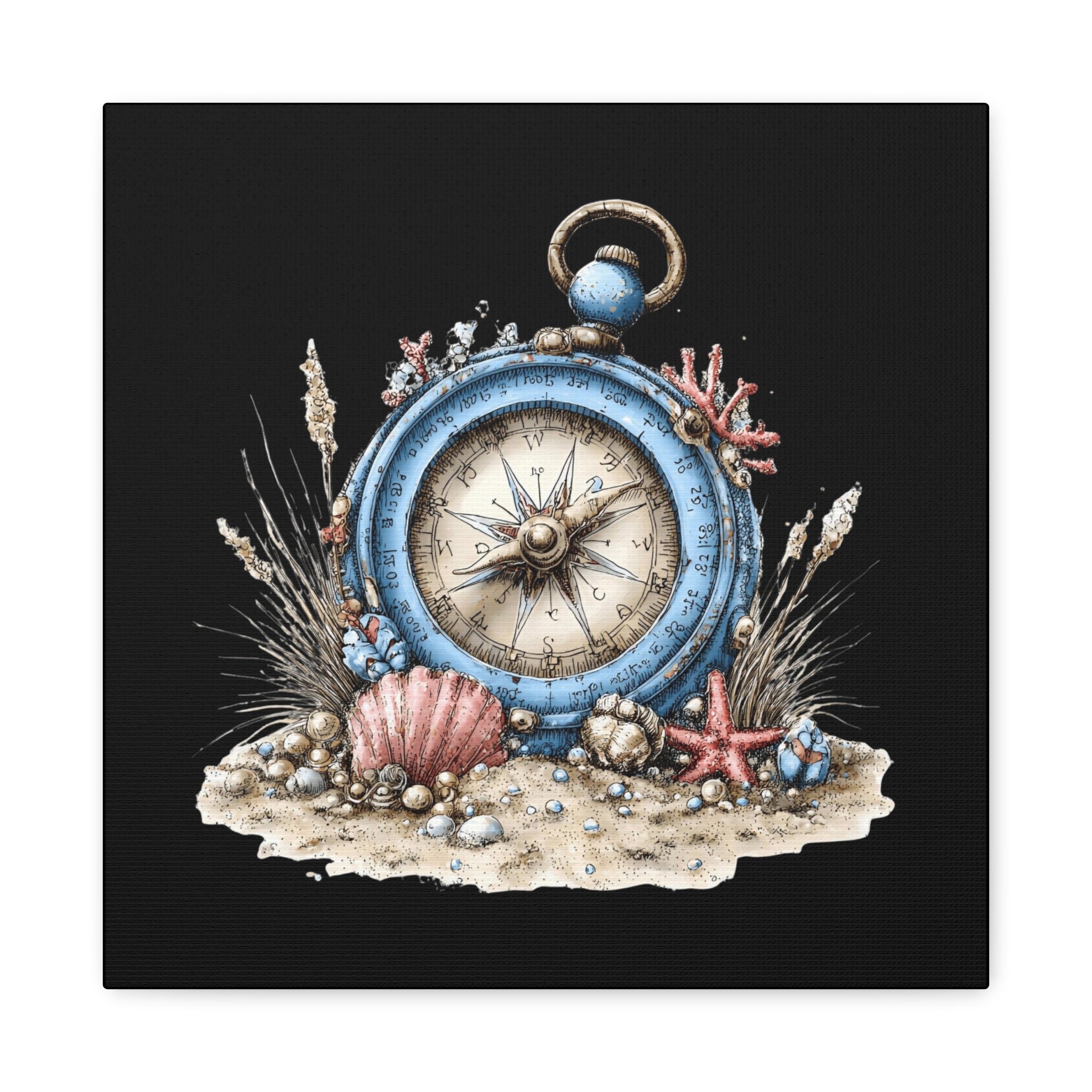 Nautical Compass Canvas Wall Art — Vintage Sea Shell Beach Decor