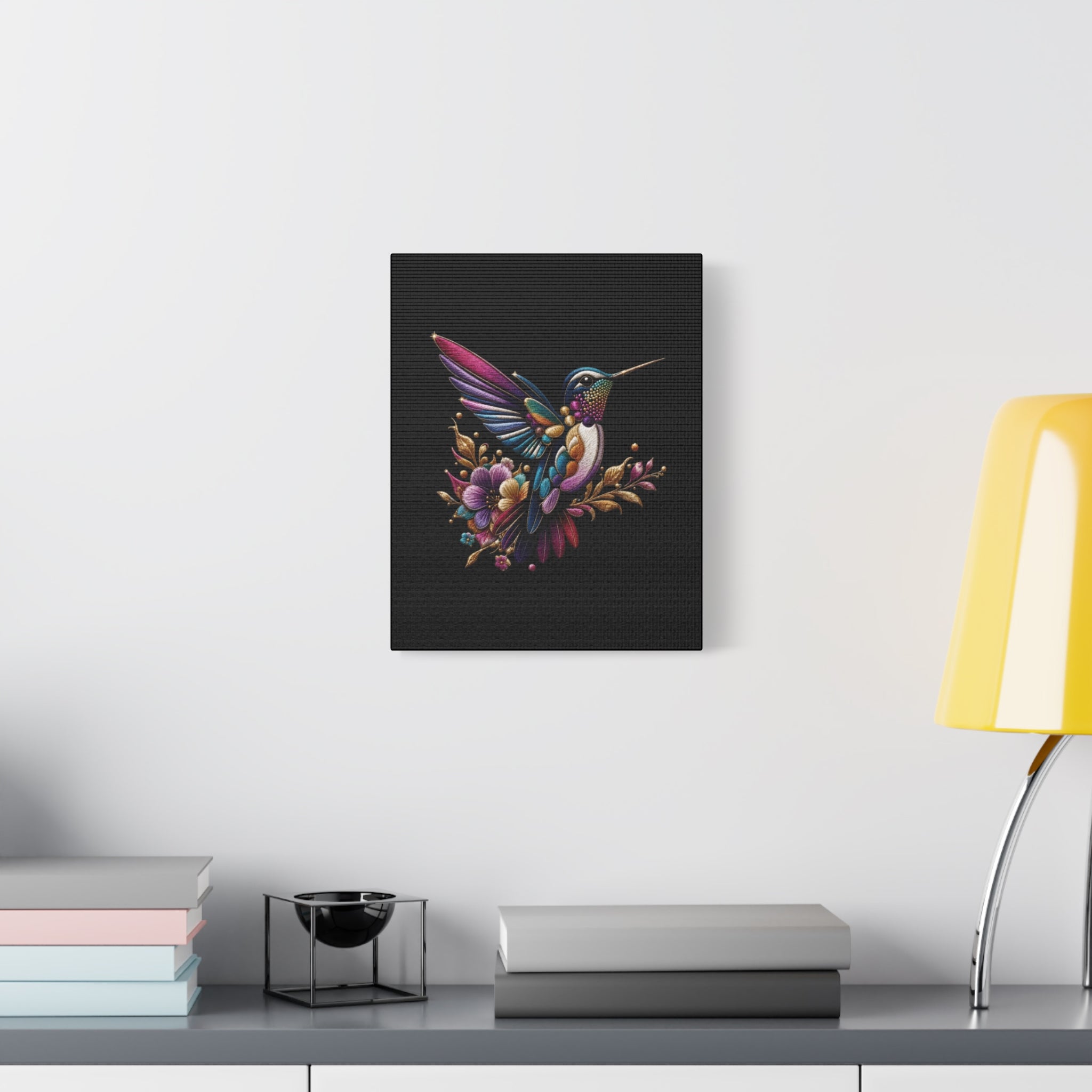 Colorful Hummingbird Floral Canvas Wall Art – Vibrant Bird Print on Black Matte