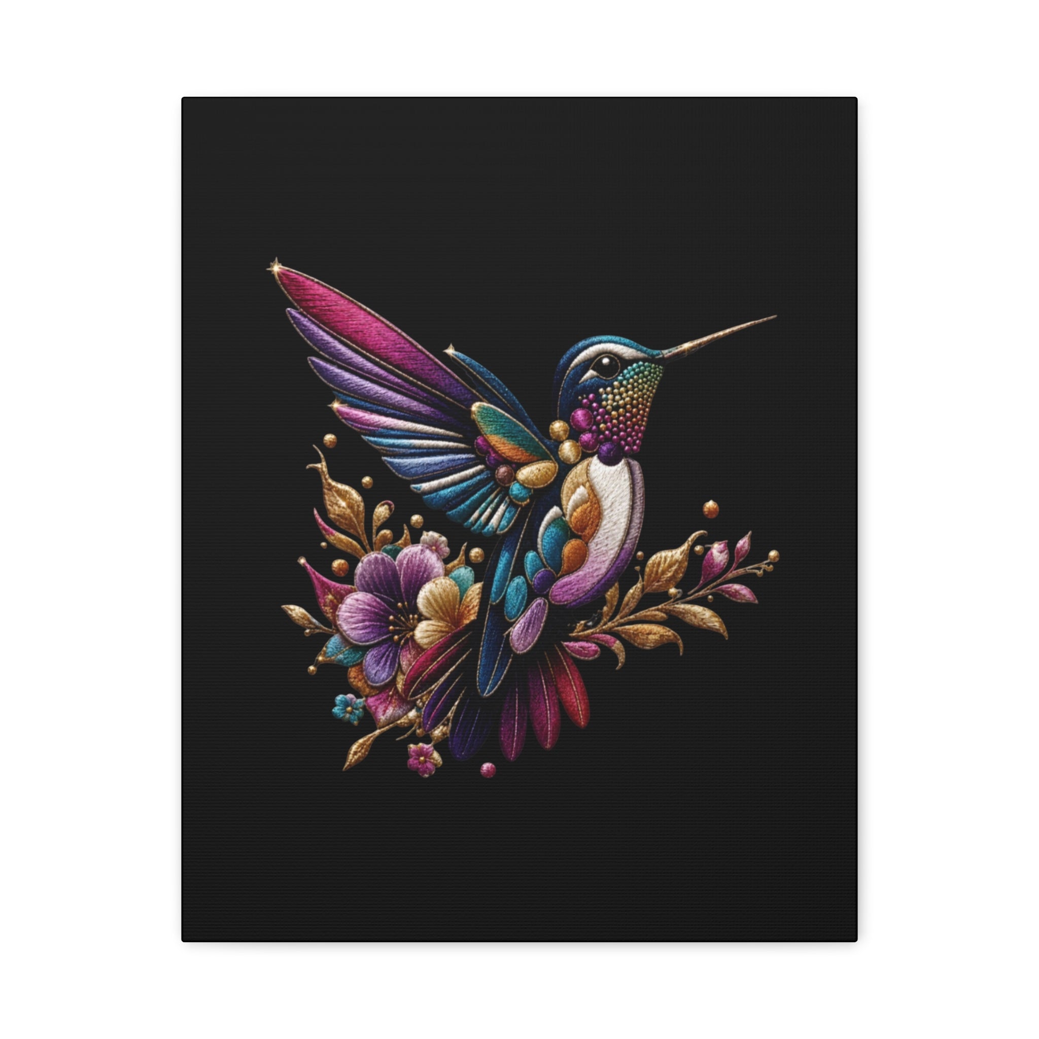 Colorful Hummingbird Floral Canvas Wall Art – Vibrant Bird Print on Black Matte