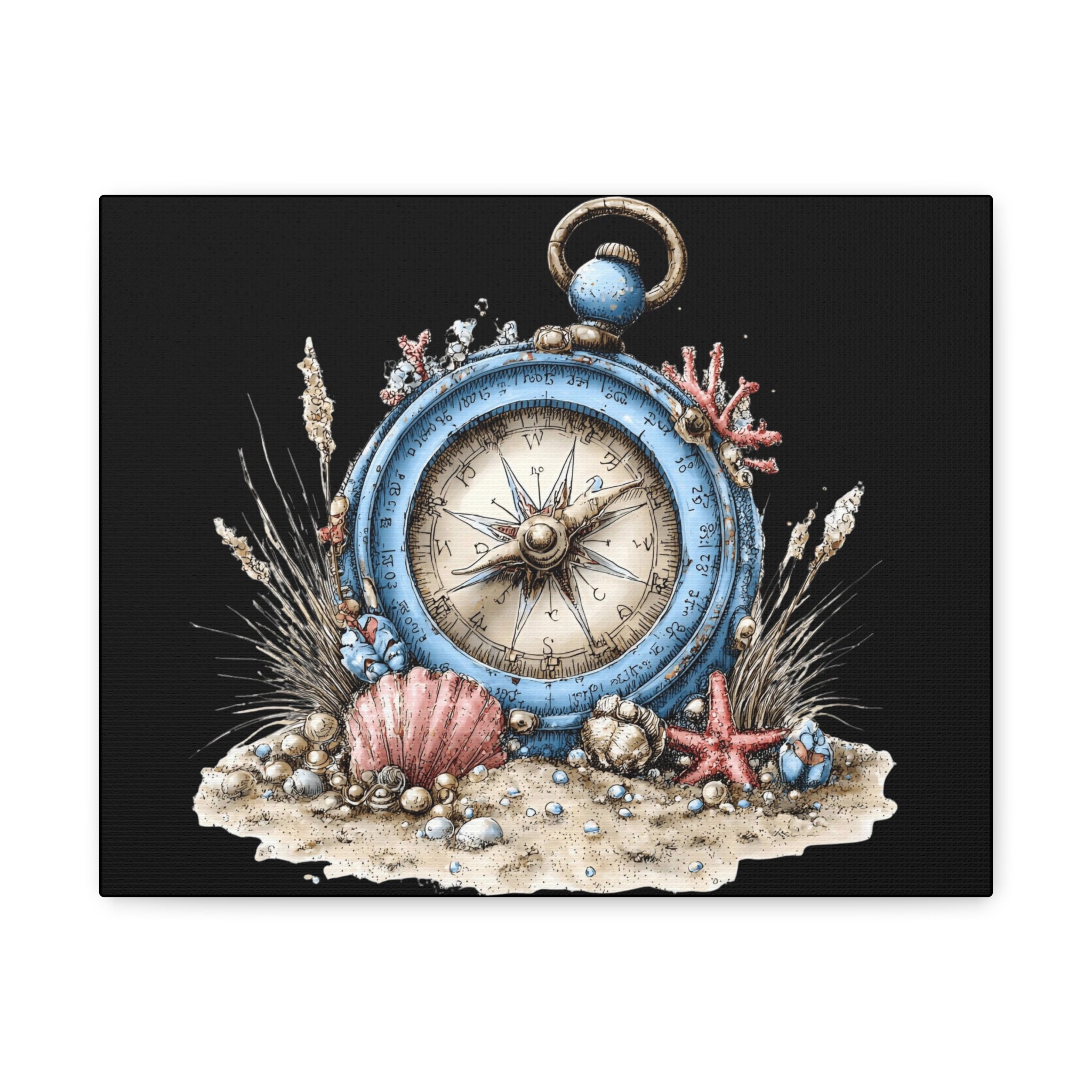 Nautical Compass Canvas Wall Art — Vintage Sea Shell Beach Decor
