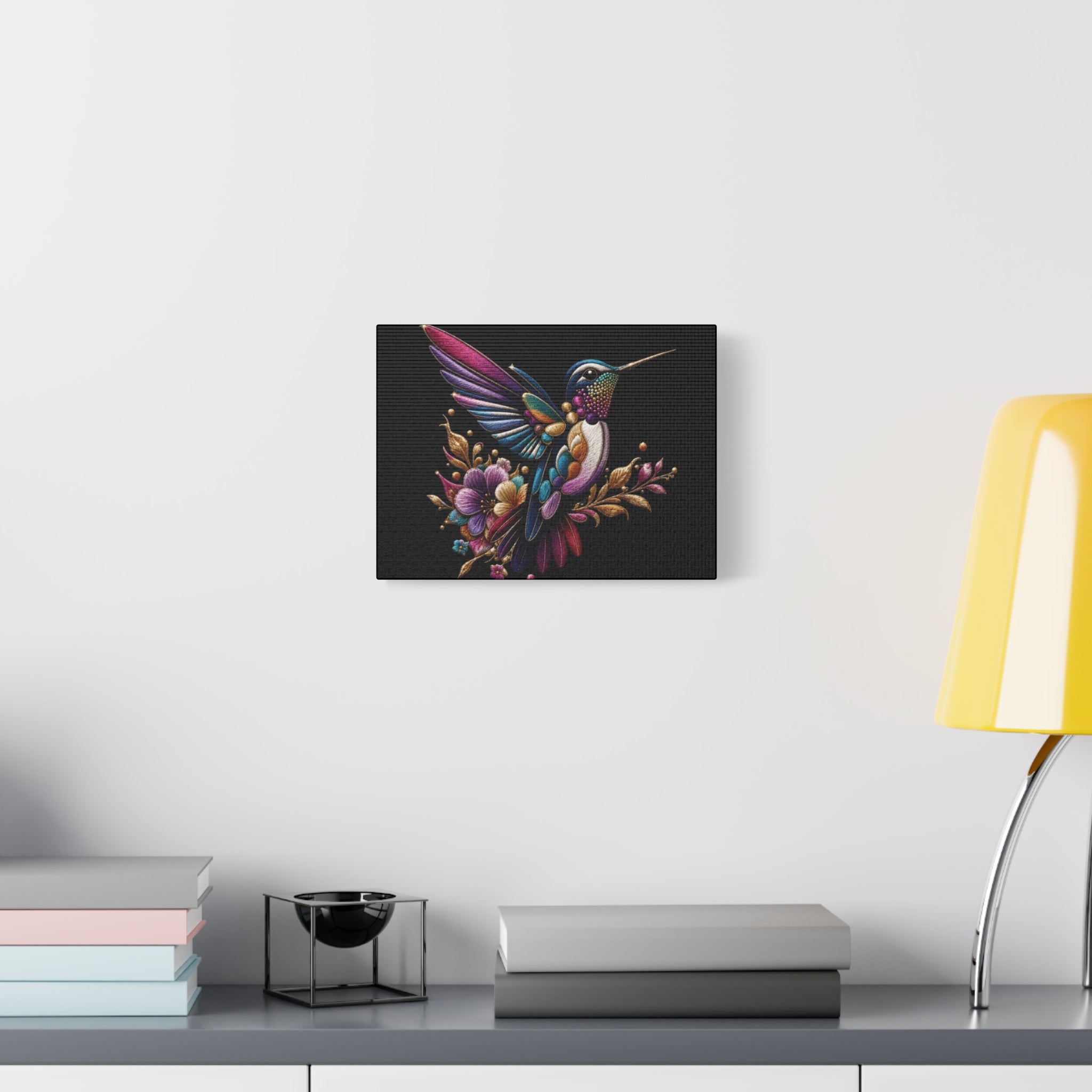 Colorful Hummingbird Floral Canvas Wall Art – Vibrant Bird Print on Black Matte