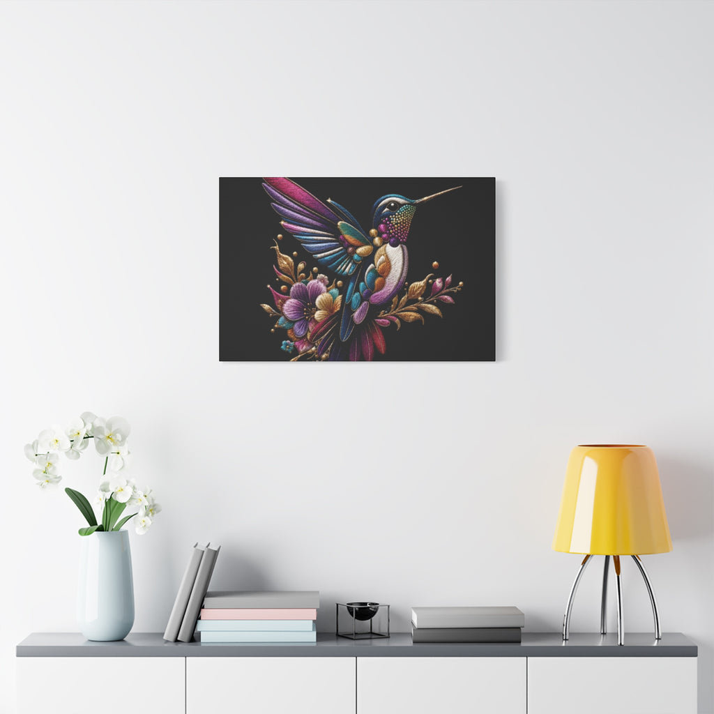 Colorful Hummingbird Floral Canvas Wall Art – Vibrant Bird Print on Black Matte