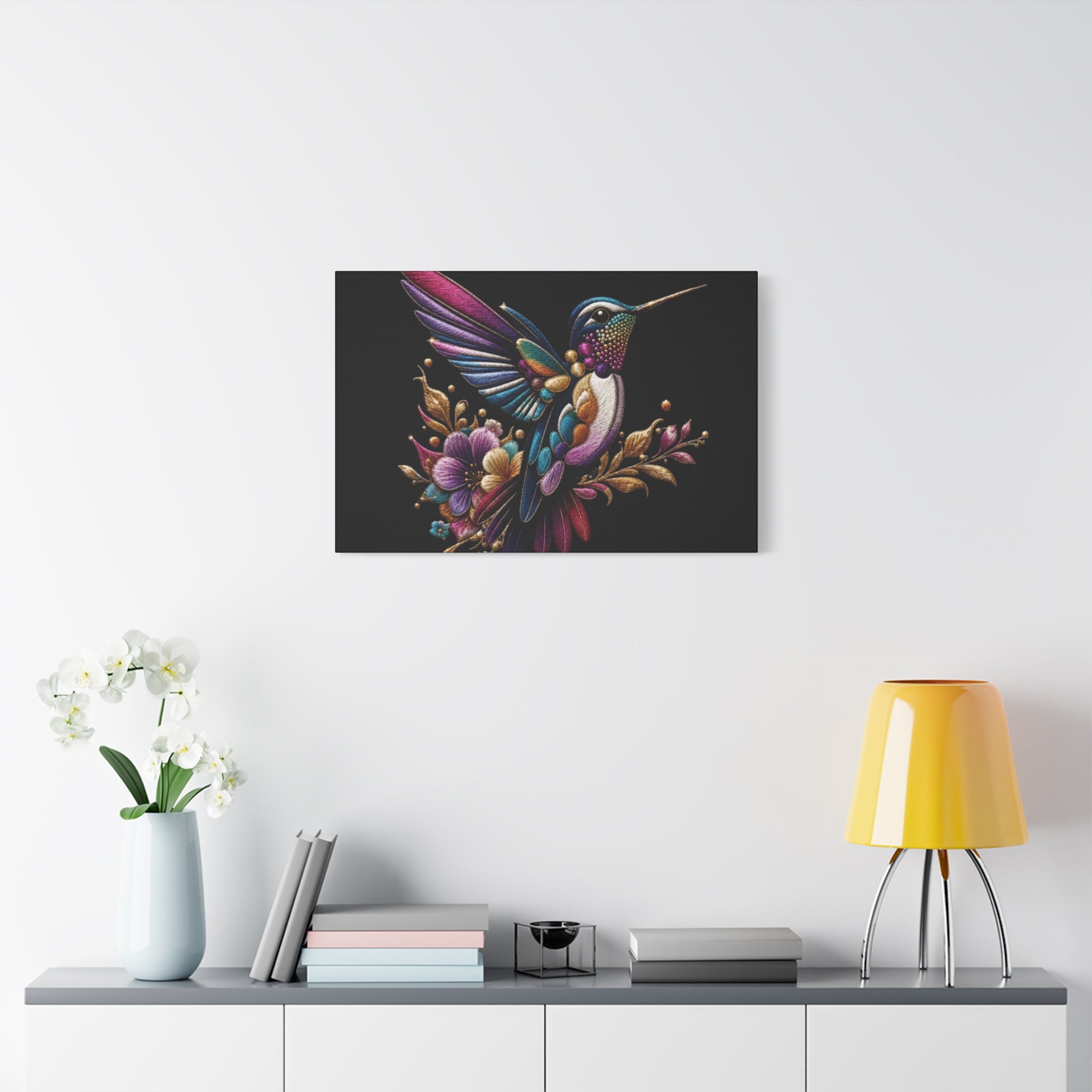 Colorful Hummingbird Floral Canvas Wall Art – Vibrant Bird Print on Black Matte