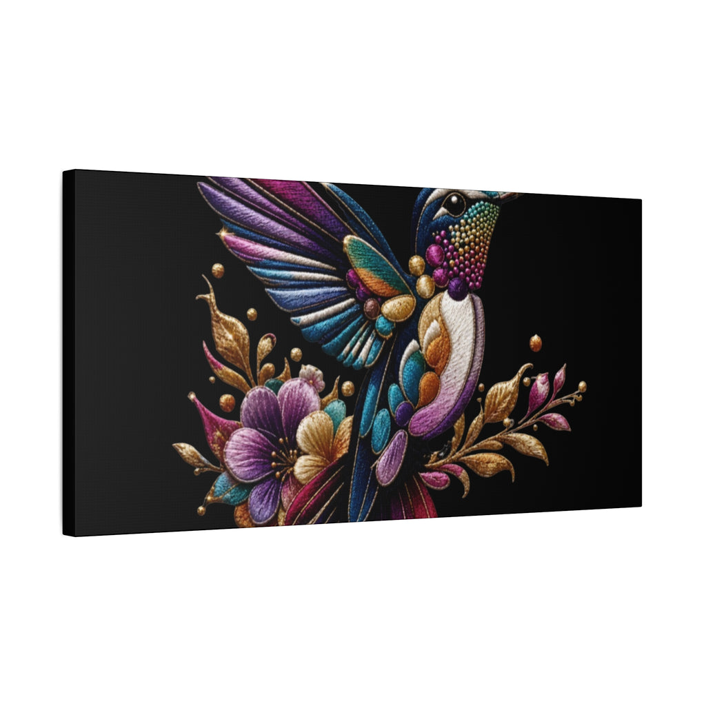 Colorful Hummingbird Floral Canvas Wall Art – Vibrant Bird Print on Black Matte