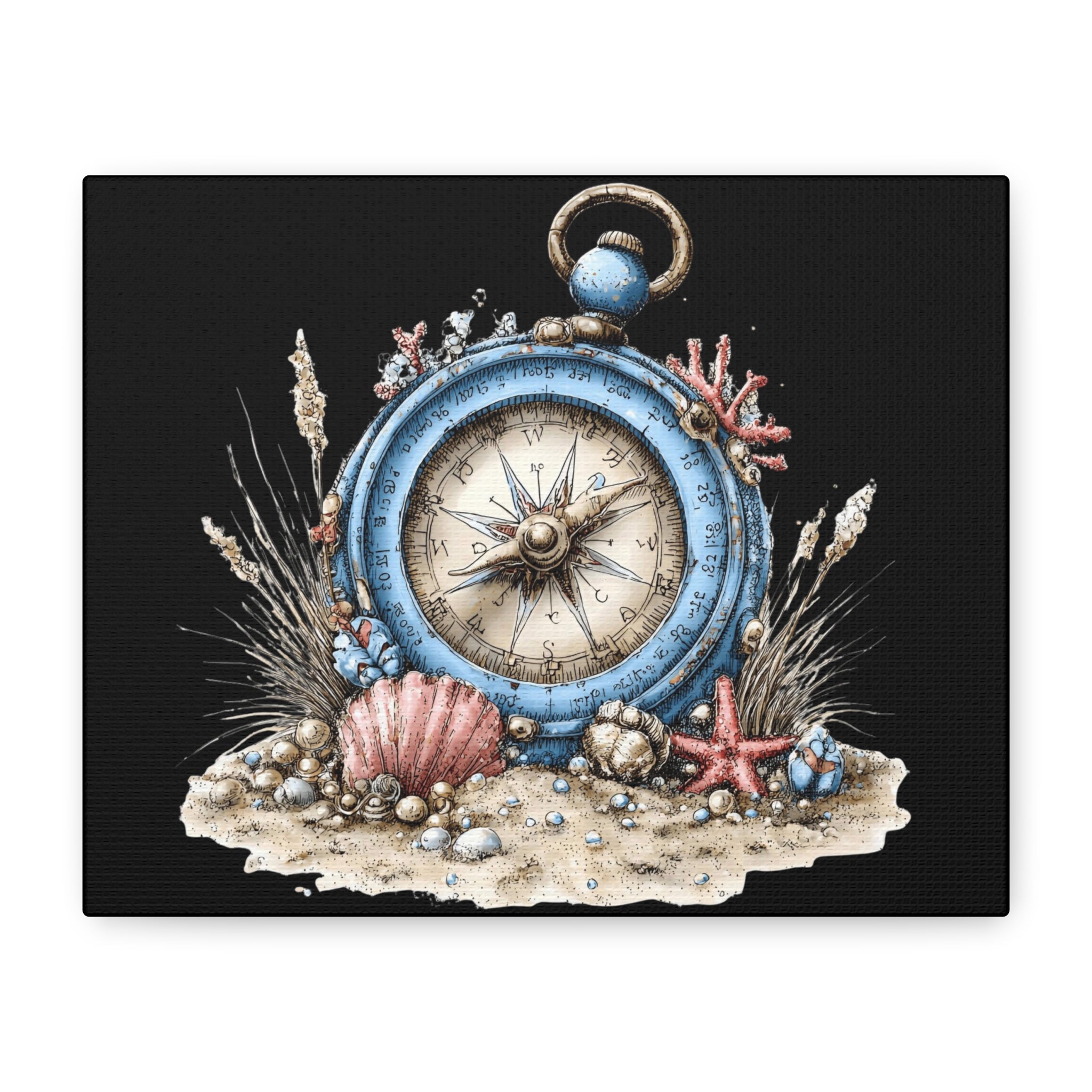 Nautical Compass Canvas Wall Art — Vintage Sea Shell Beach Decor