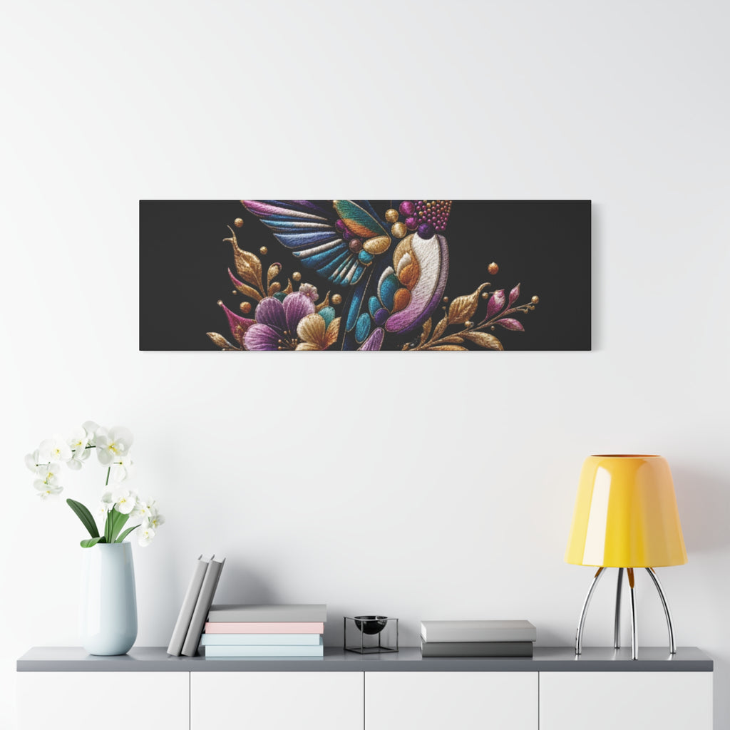 Colorful Hummingbird Floral Canvas Wall Art – Vibrant Bird Print on Black Matte