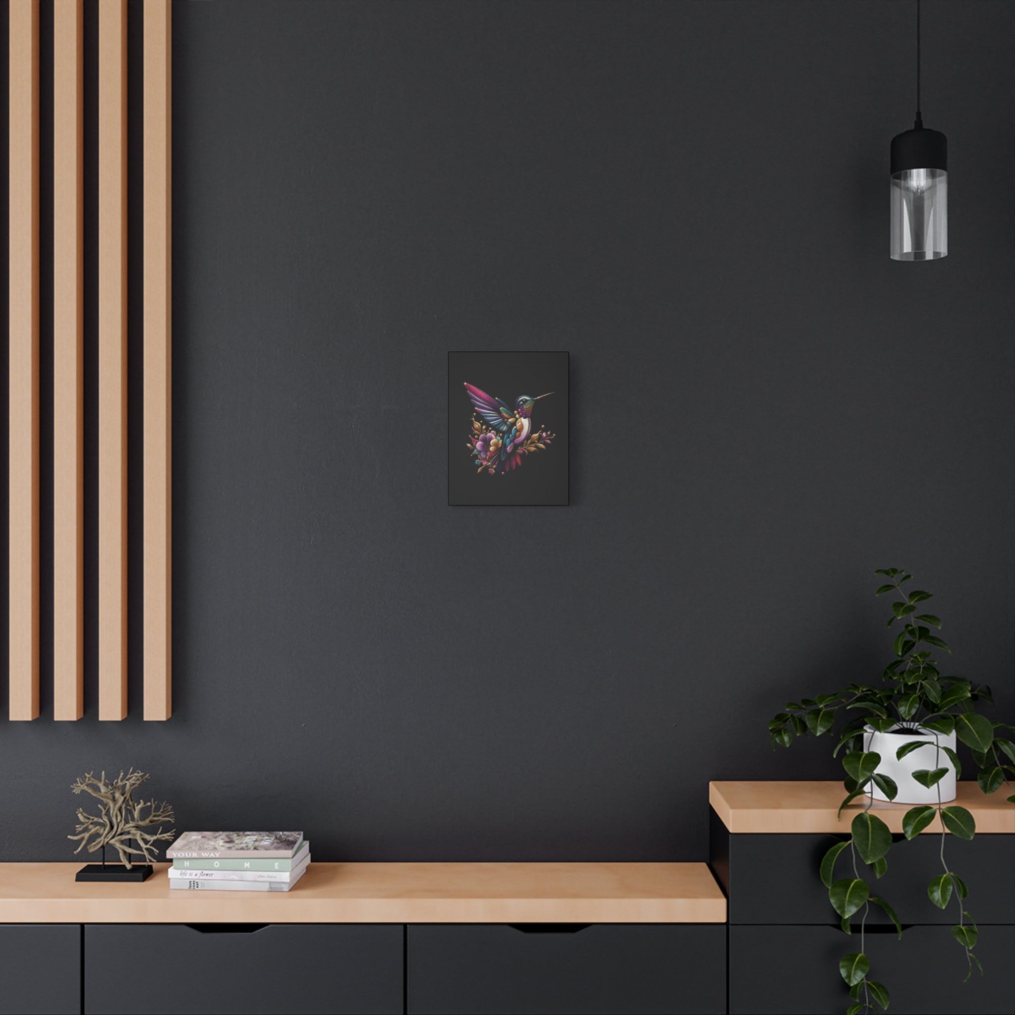 Colorful Hummingbird Floral Canvas Wall Art – Vibrant Bird Print on Black Matte