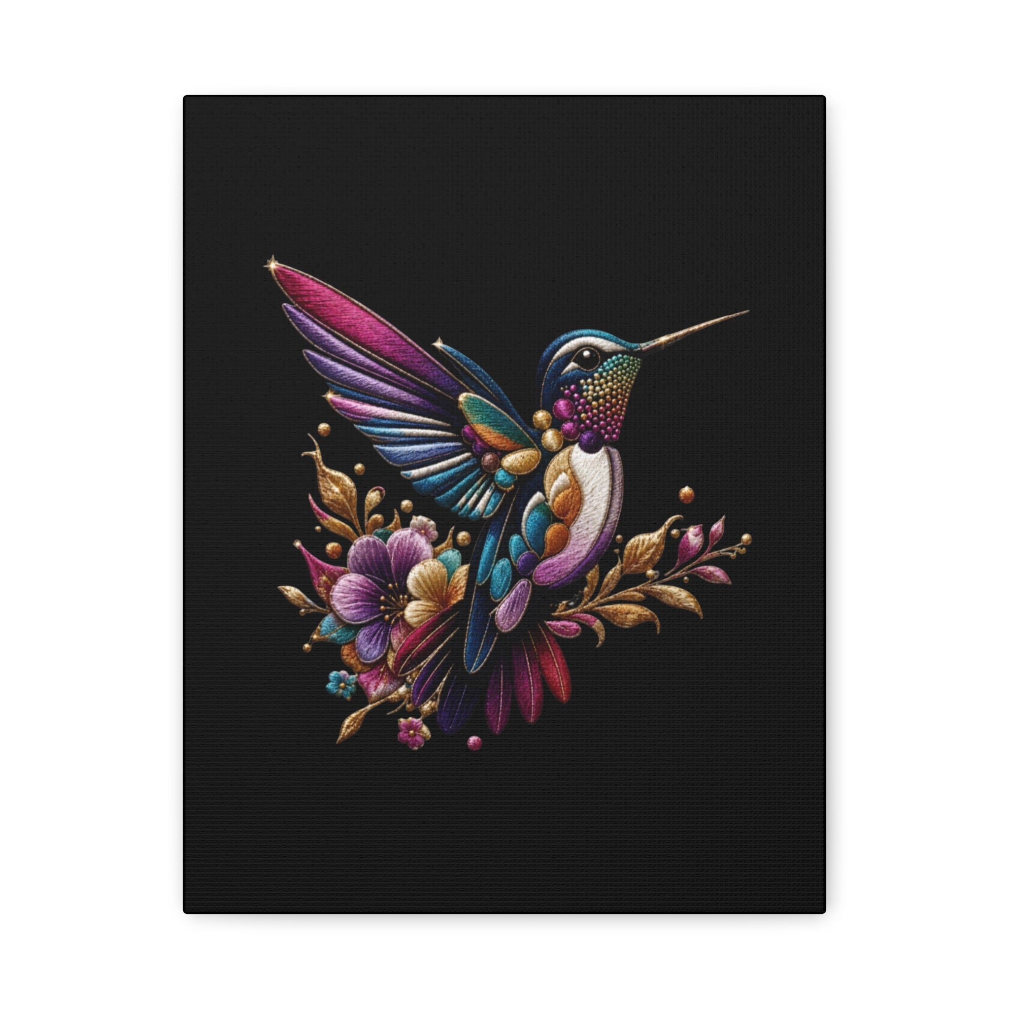 Colorful Hummingbird Floral Canvas Wall Art – Vibrant Bird Print on Black Matte
