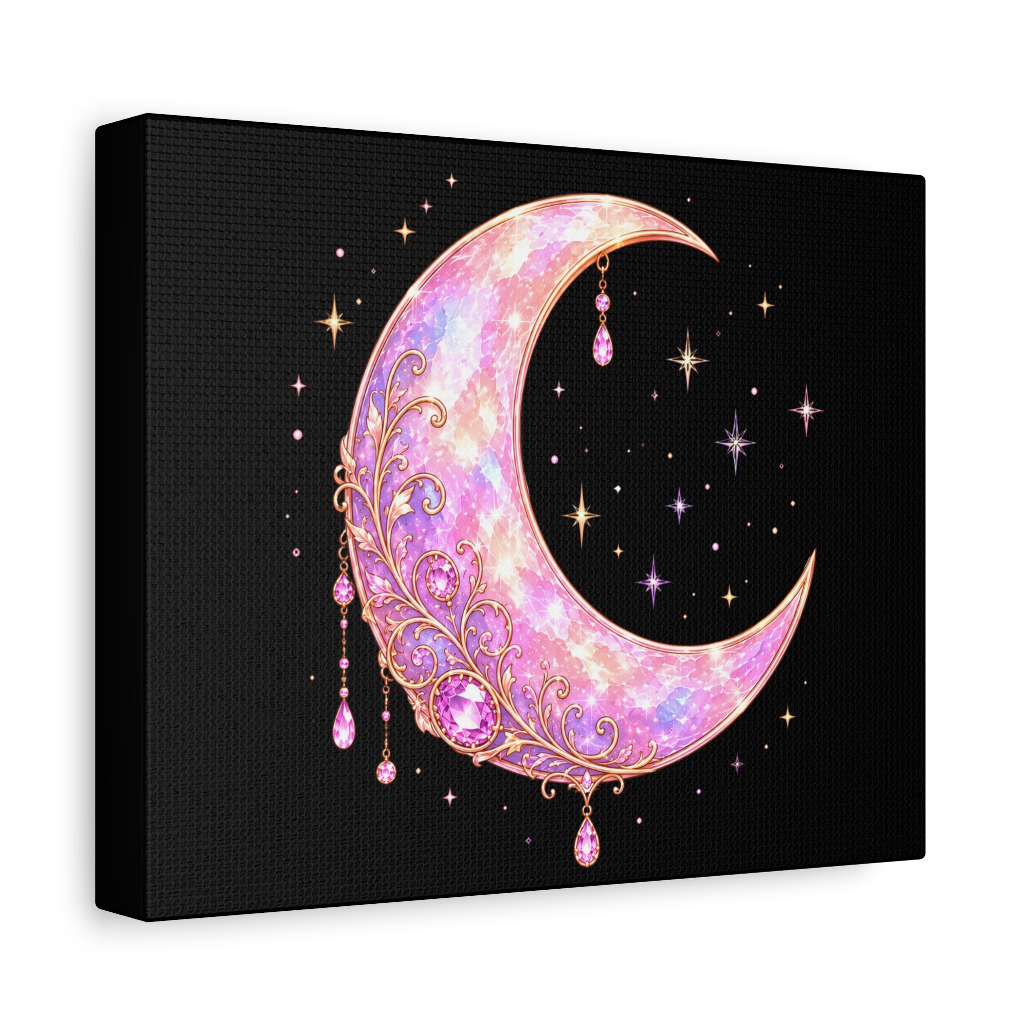 Pink Jewel Moon Canvas Wall Art — Sparkling Crescent Moon Print for Bedroom, Nursery & Boho Décor