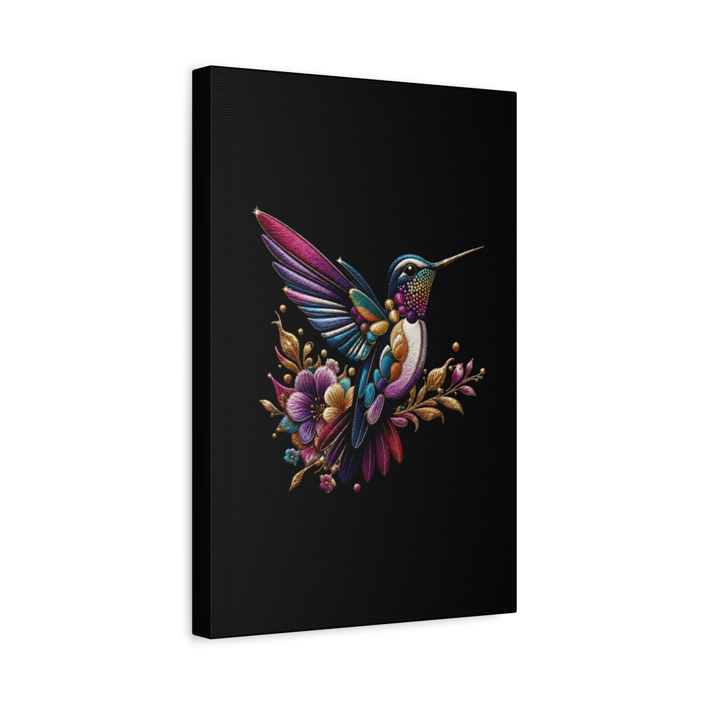Colorful Hummingbird Floral Canvas Wall Art – Vibrant Bird Print on Black Matte