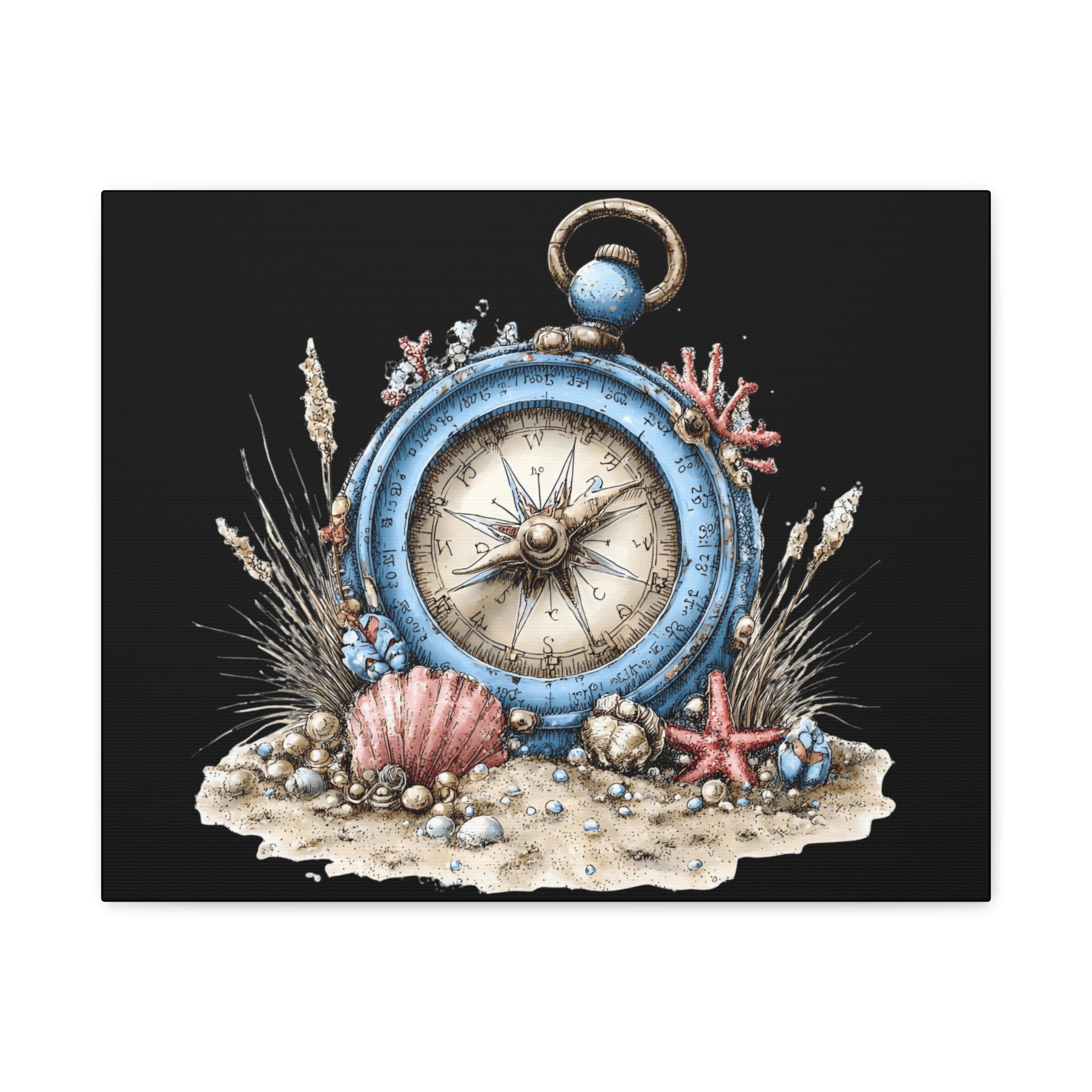 Nautical Compass Canvas Wall Art — Vintage Sea Shell Beach Decor