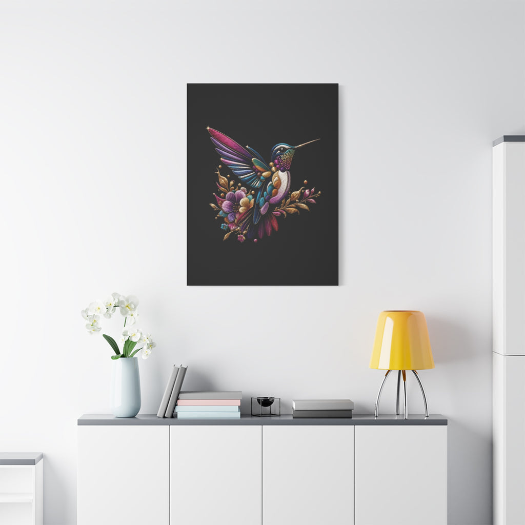 Colorful Hummingbird Floral Canvas Wall Art – Vibrant Bird Print on Black Matte