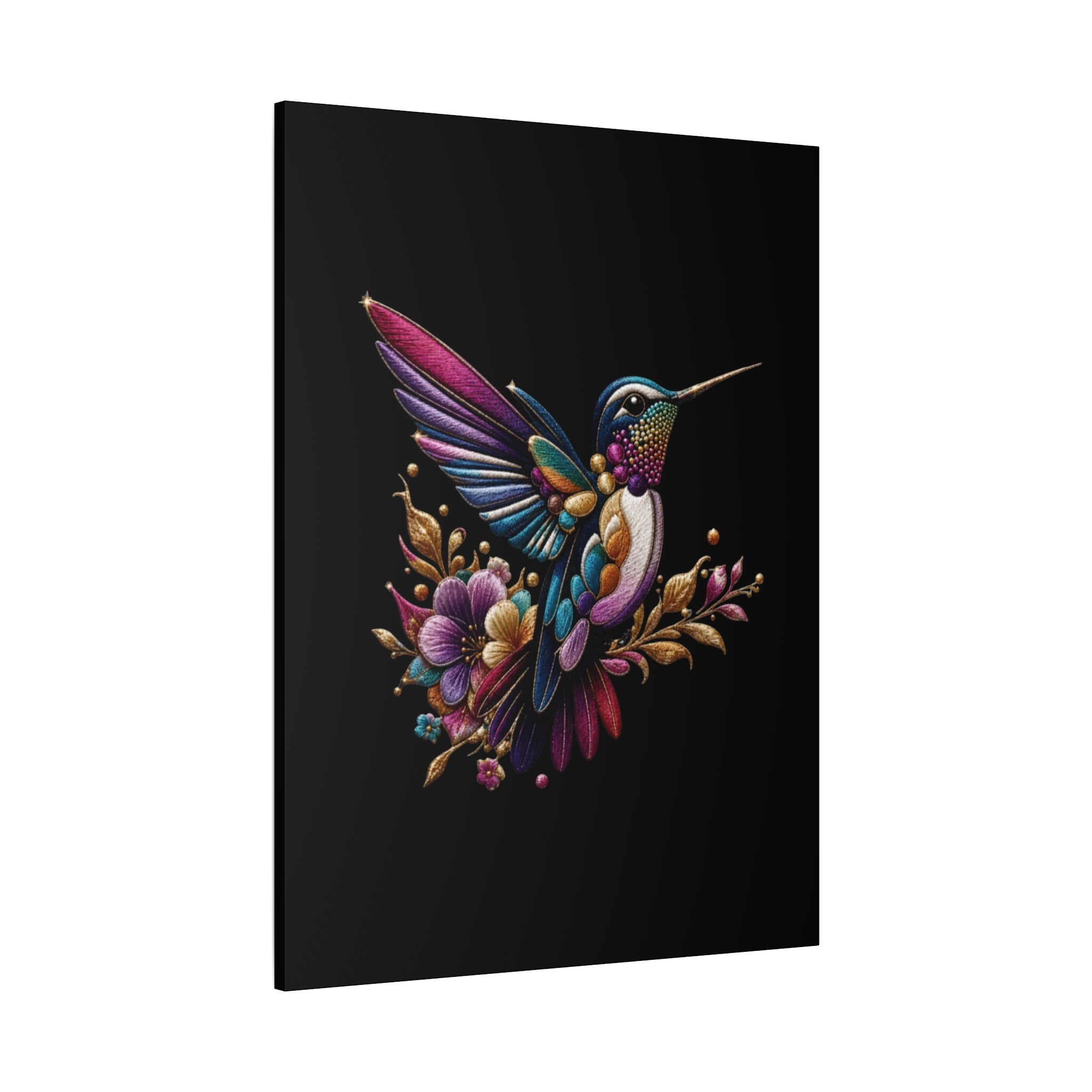 Colorful Hummingbird Floral Canvas Wall Art – Vibrant Bird Print on Black Matte