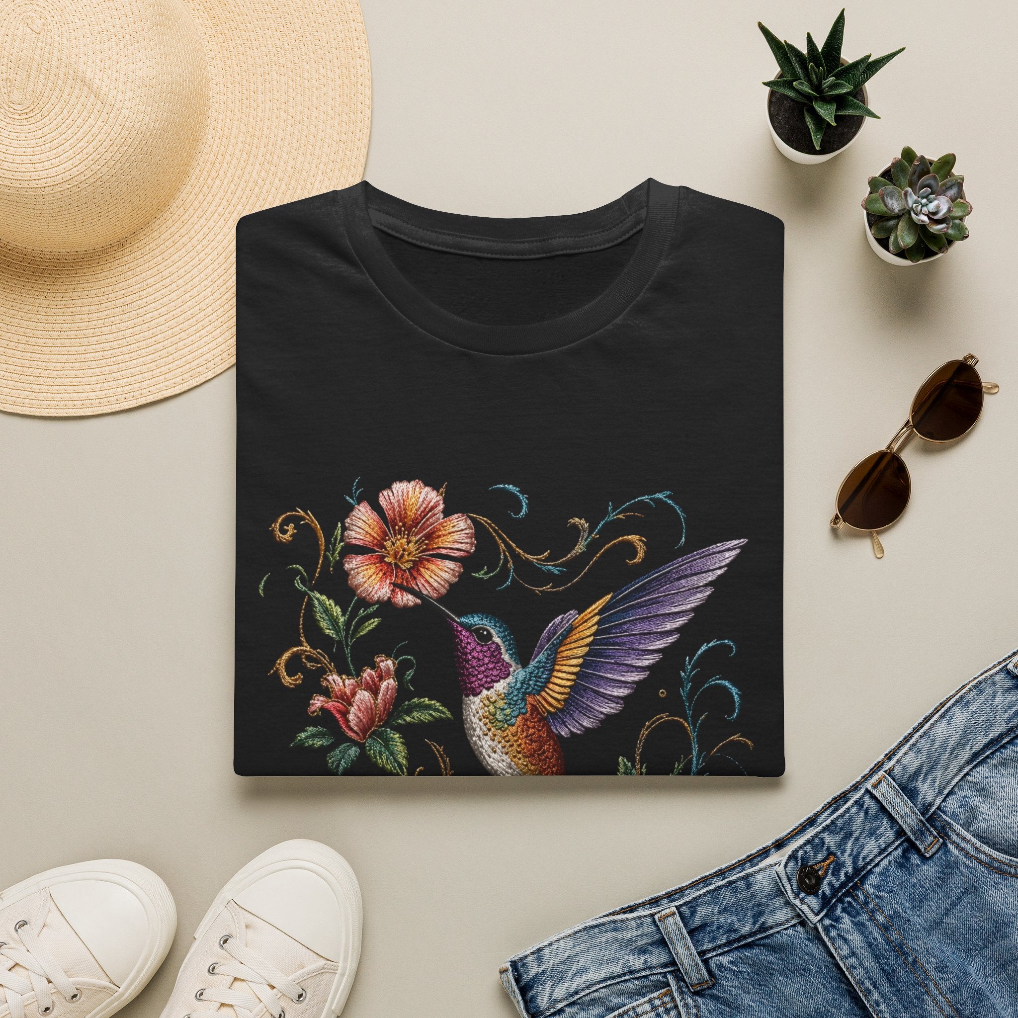 Hummingbird & Floral Vintage Tee — Colorful Botanical Hummingbird T-Shirt